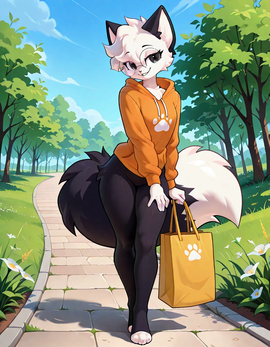 masterpiece, best quality, very aesthetic, absurdres,
outdoors,
full body, posing, casual,
seductive smile, parted lips, long eyelashes,
<lora:Catt_v01_NAIXL:1>,
Catt,1girl,solo,furry,furry female,cat girl,short hair,white hair,cat ears,black eyes,round eyewear,animal nose,body fur,two-tone fur,white fur,black fur,cat tail,