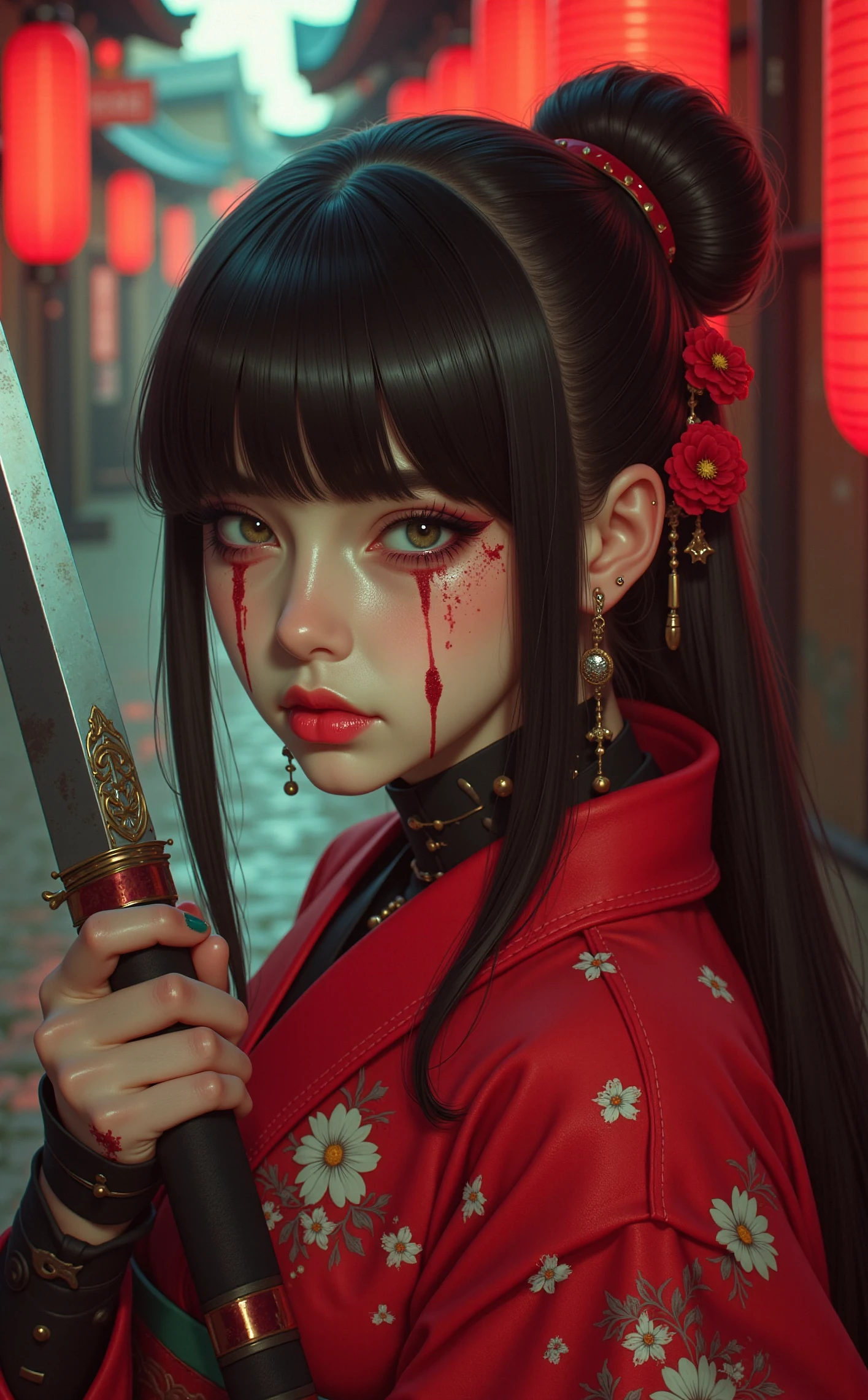 niji, gothic, erotic, anime, Off-center composition, three-quarters with high-key lighting, A photo-realistic shoot from a close-up camera angle about a young asian woman in traditional japanese attire holding a katana, with blood splattered across her face and a serious expression. the image also shows a blurred background with red lanterns, giving the image a sense of depth and atmosphere. on the middle of the image, a 1woman, who appears to be in her early twenties, with black hair styled in an updo, wearing a red kimono with floral patterns, holding a sword in her right hand, is facing the viewer with her eyes looking directly at the camera. her hair is adorned with red hair ornaments, and she has a serious and intense expression on her face. her facial features are detailed with red lipstick, and there are blood stains on her cheeks and nose, adding to the dramatic and intense atmosphere of the scene., anime artwork anime art by Masamune Shirow, , Cyberpunk, manga, intricate mechanical designs, futuristic themes . anime style, key visual, vibrant, studio anime, highly detailed