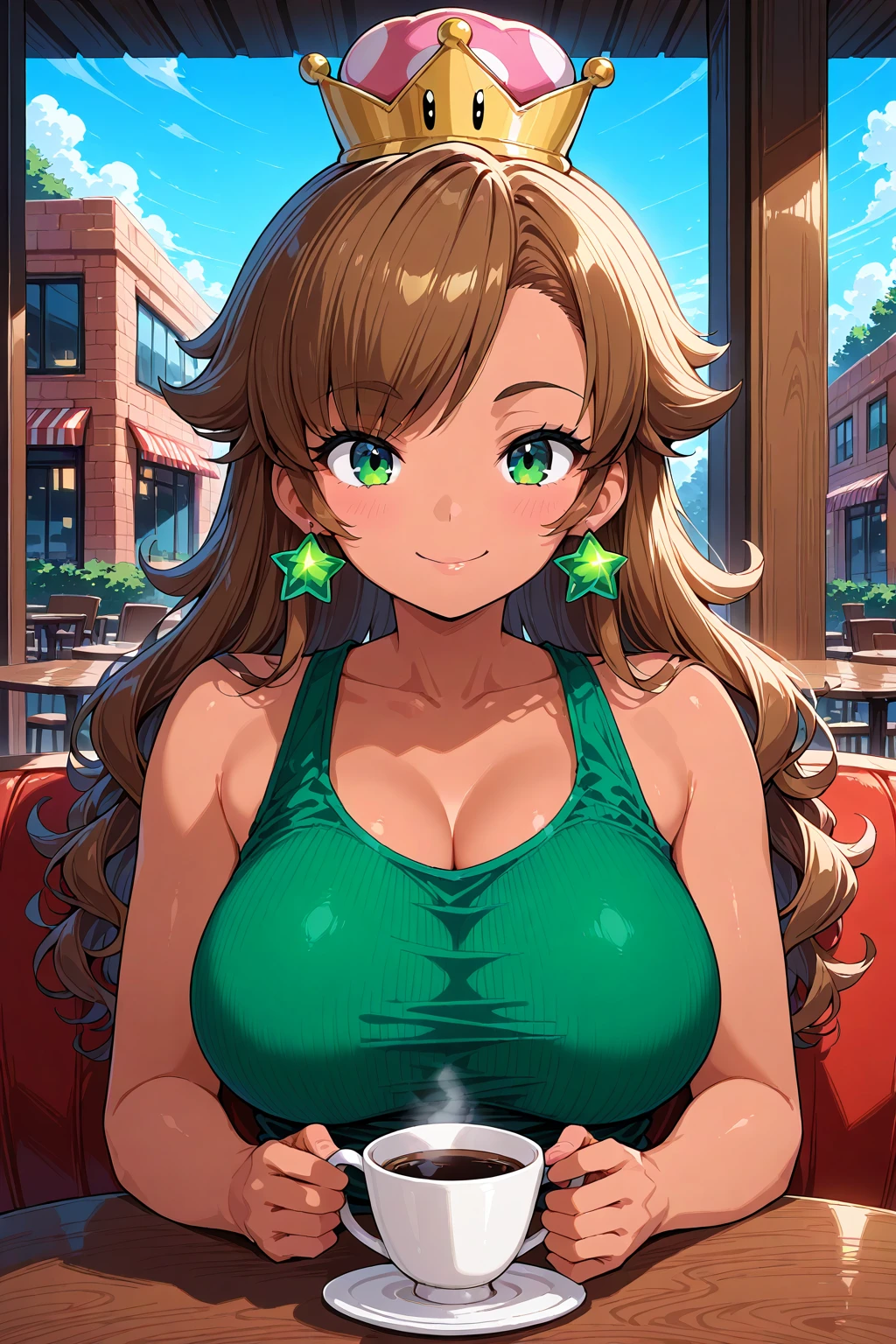 1girl, solo, super crown, <lora:Super Crown Illustrious:0.6>, dark-skinned female, large breasts, sitting, holding cup, coffee, restaurant, outside, table, looking at viewer, tank top, long hair, wavy hair, smile, brown hair, green eyes, asymmetrical bangs, star earrings,