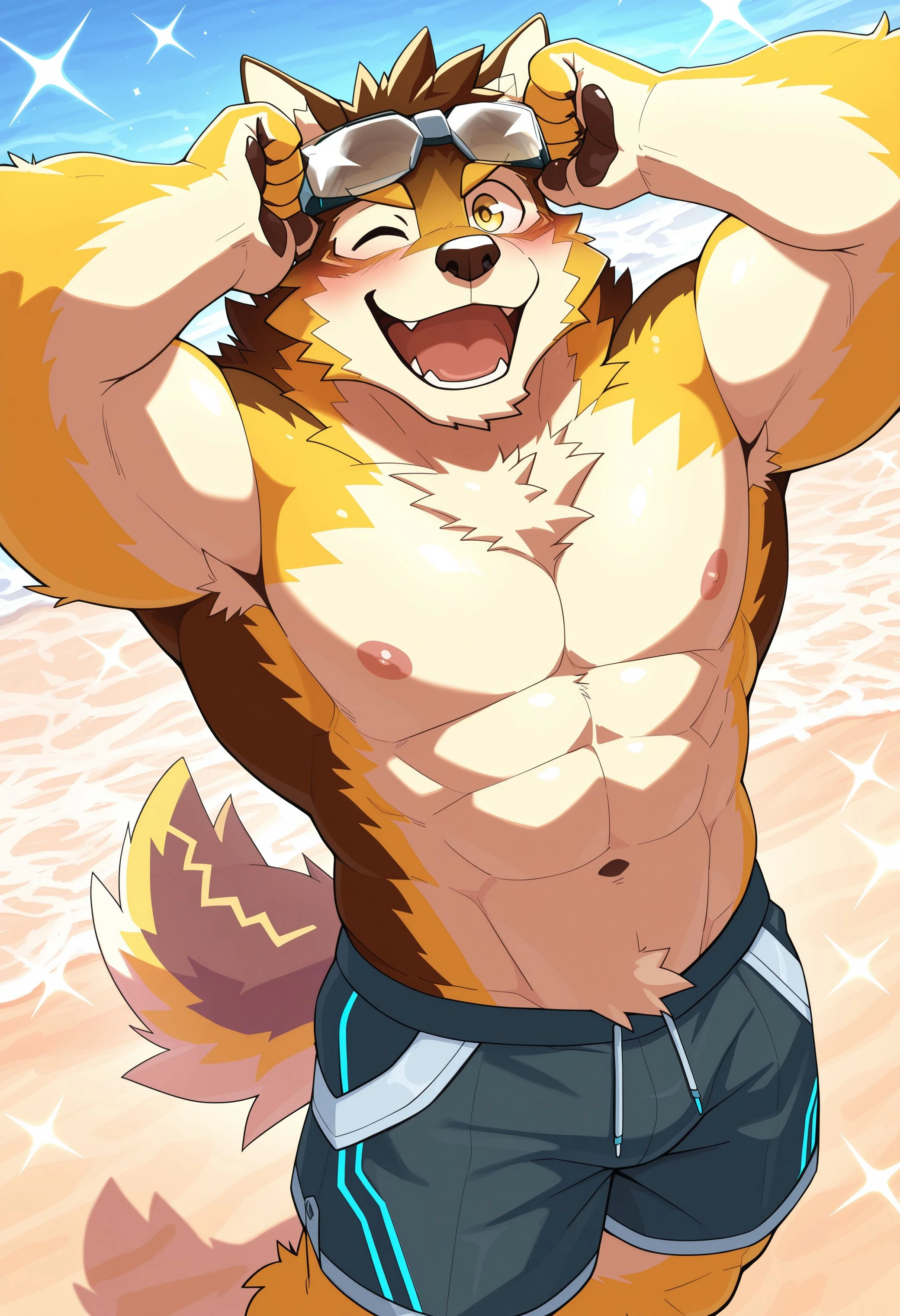 by zixiong, (1boy), solo, male, kemono, (orange wolf), white torso, ears, (naked), handsome, muscular, adult, hunk, hot body, (detailed blue eyes), detailed face, white eyebrows, (1 detailed big hard white penis erection), balls, thick body, nipples, full body, pectoral, smile, 1 tail, 6-pack abs, masterpiece, high res, best quality, 8k, nsfw, lineart, sexy pose, seaside
