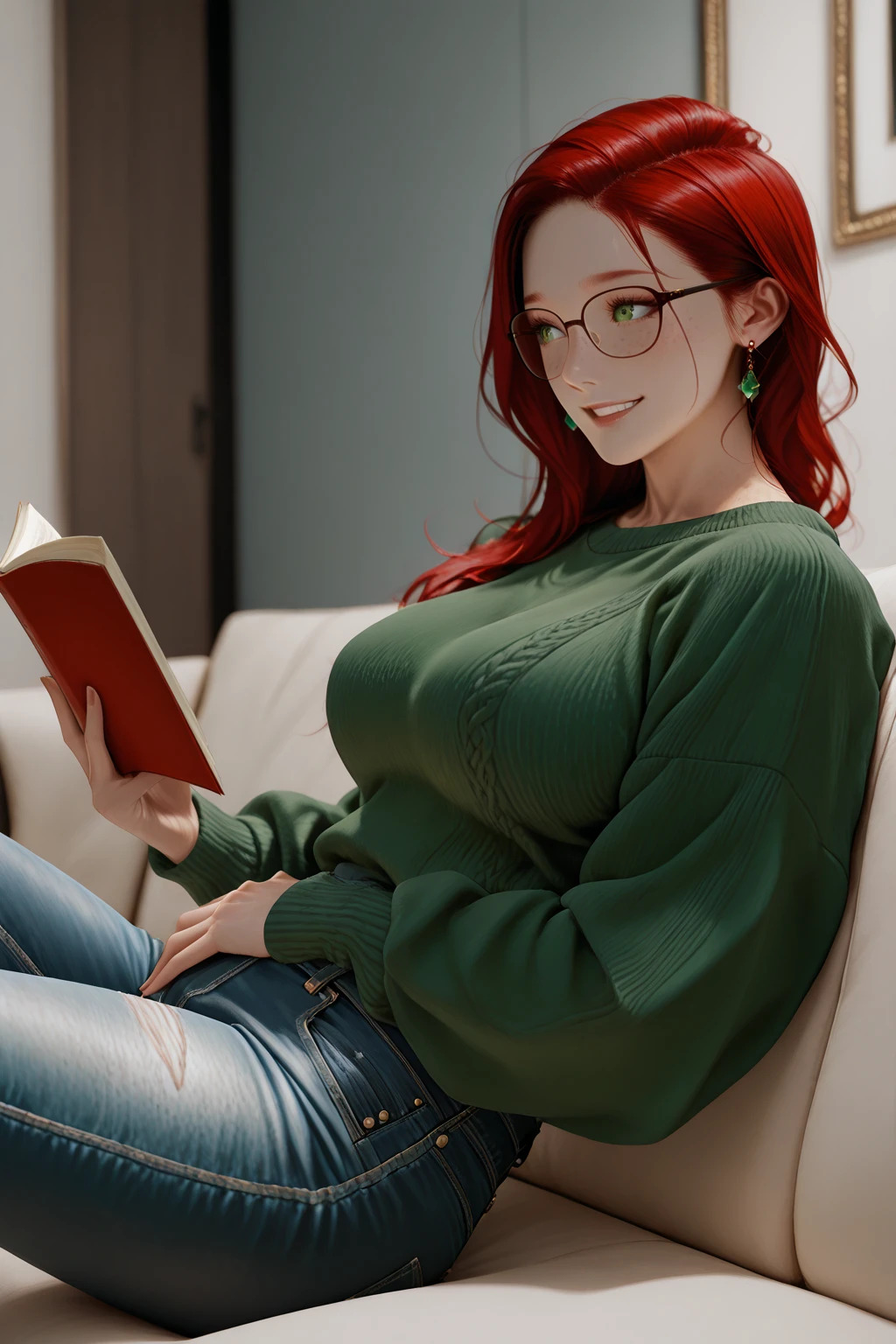 masterpiece, good quality, best quality, very awa, very as2, absurdres, highres
<lora:VeronicailluLoRA:1>veroni, green eyes, long hair, earrings, eyewear, freckles, green sweater, jeans, sitting on a couch, holding book, smile
