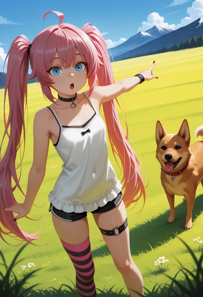 masterpiece, best quality, amazing quality, volumetric lighting, high contrast, realistic, vibrant colour, (no lineart:1.5), BREAK,
1girl, 25 years old, cute, foreshortening,
blue eyes,
pink hair, twintails, very long hair, ahoge, black choker,
white camisole,
single thighhigh, striped thighhighs, pink thighhighs, thigh strap,
black nails,
<lora:soyjack:0.7> open mouth, , soyjack, :o, pointing , , girl in foreground, pointing at dog
BREAK
dog, small, dog in background
blue sky, outdoors, mountains, grass,