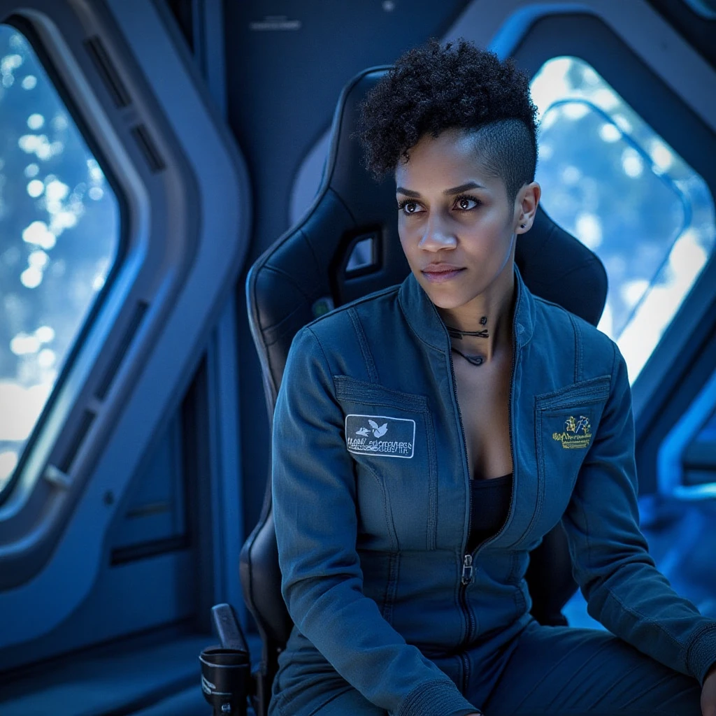 naom1 sitting in a space ship in a space suit