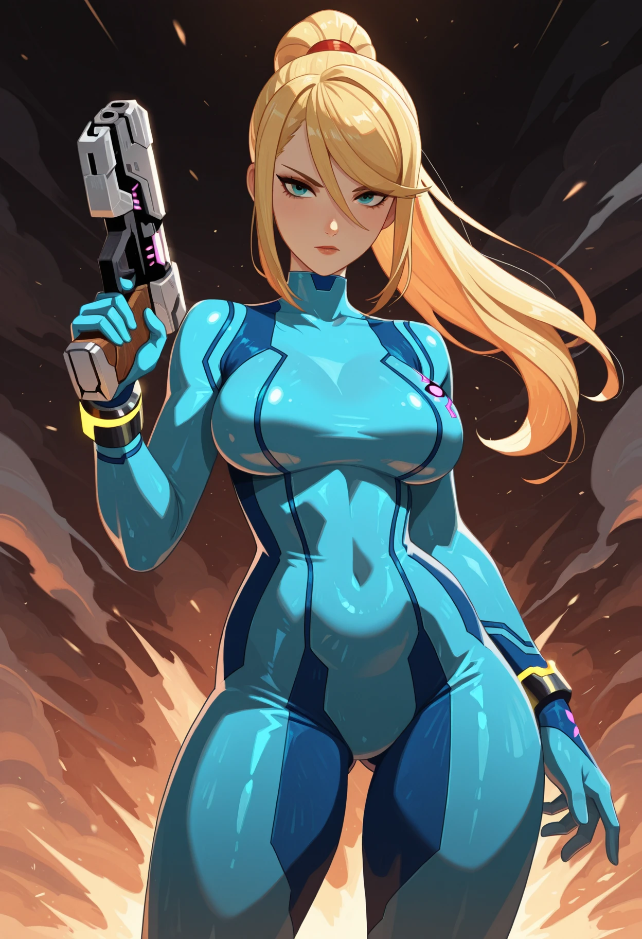 sexy blond Samus Aran from Metroid wearing blue suit with high platforms standing on a floor of a cave near ((grey humanoid monster)) hiding behind a rock and looking at her,
interior of alien cave in Hans Ruedi Giger style,
beautiful face,perfect face,
single girl,nova<lora:Nova-000003:0.6>,red Astronaut helmet,[(holding Laser Gun,lightsaber on another hand)],upper body,
copeseethemald style,glossy,thepit bimbo,
realistic, professional, limited palette,high contrast,amazing detail,dynamic lights,
hyperrealism, masterpiece, best quality, HDR, viewpoint, highest quality, sharp focus, digital art render, 8k