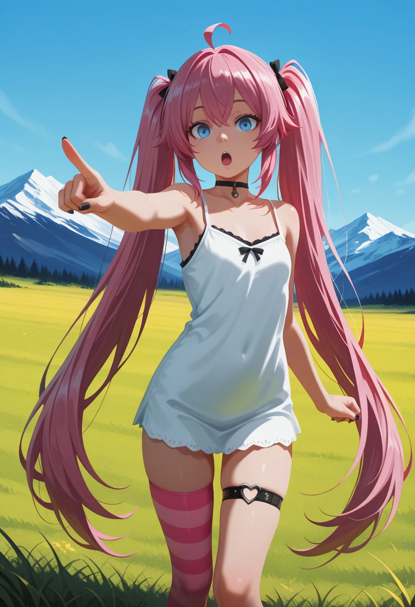 masterpiece, best quality, amazing quality, volumetric lighting, high contrast, realistic, vibrant colour, (no lineart:1.5), BREAK, 1girl, 25 years old, cute, foreshortening,
blue eyes,
pink hair, twintails, very long hair, ahoge, black choker,
white camisole,
single thighhigh, striped thighhighs, pink thighhighs, thigh strap,
black nails,
<lora:soyjack:0.7> open mouth, , soyjack, :o, pointing back
blue sky, outdoors, mountains, grass,