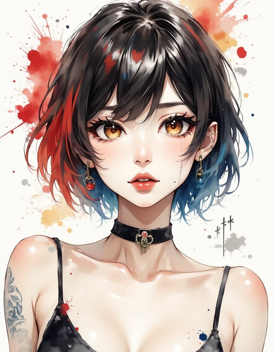 1girl, solo, looking at viewer, short hair, bangs, black hair, brown eyes, jewelry, red hair, multicolored hair, earrings, parted lips, choker, necklace, streaked hair, red lips, makeup, blue hair, upper body, two-tone hair, lips, lipstick, portrait, collar, realistic, ink splatter, ink drip, A dinkfsn style ink wash painting, <lora:Inkwash-Fusion_v30-000030:1>