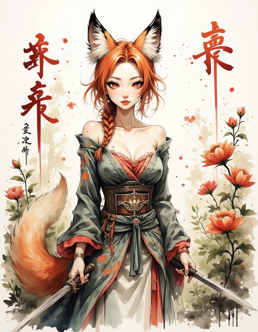 A woman with fox ears and a tail, wearing an ornate dress with floral patterns and holding a sword, stands in a garden with blooming flowers. Mandarin text appears on the sides., ink splatter, ink drip, A dinkfsn style ink wash painting, <lora:Inkwash-Fusion_v30-000030:1>
