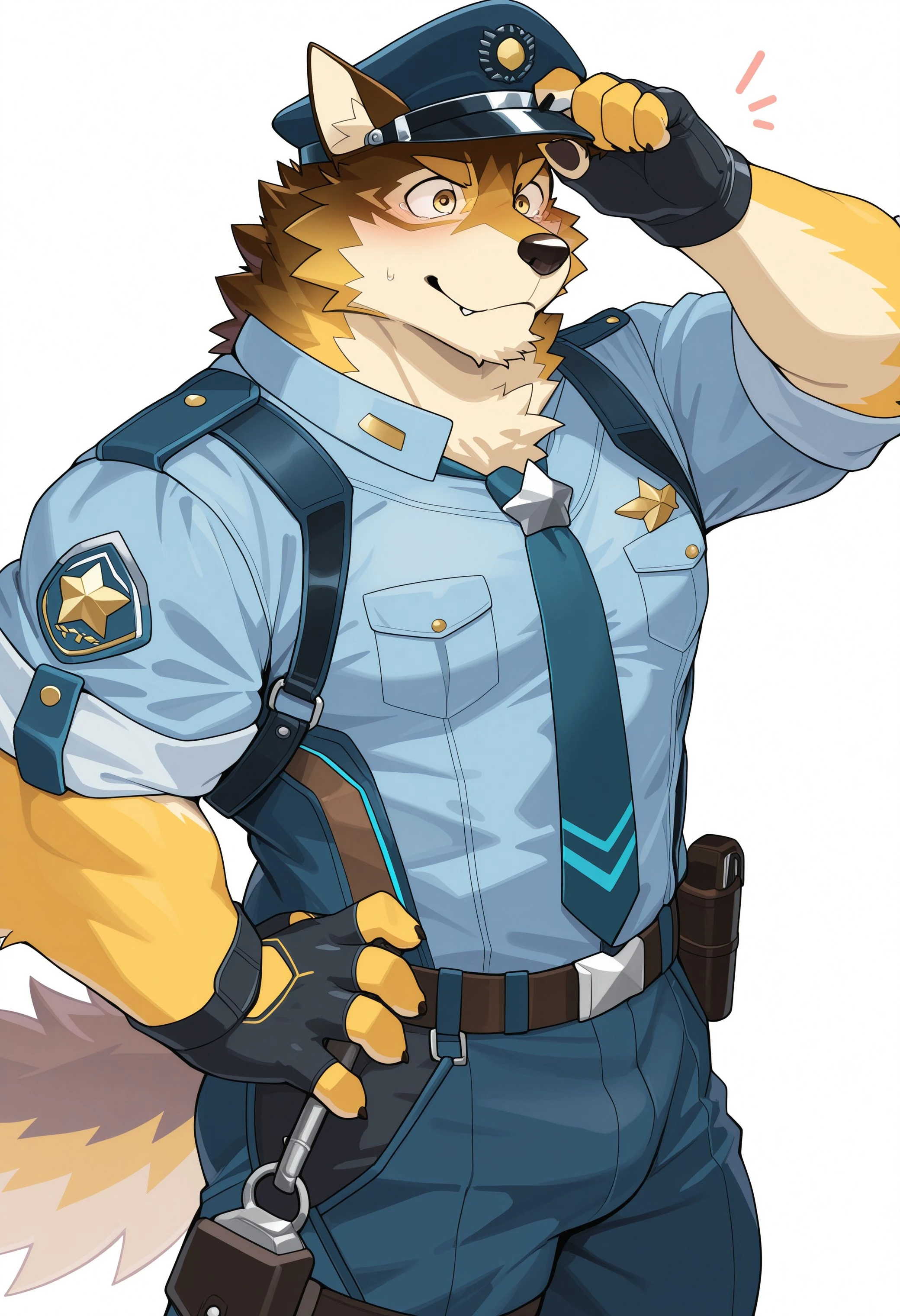 best quality, amazing quality, very aesthetic, absurdres, newest, b4rre1, live a hero, furry, furry male, muscular, 1boy, solo, dog boy, officer clothes, <lora:Barrel_Live_a_hero_Illustrious:1>