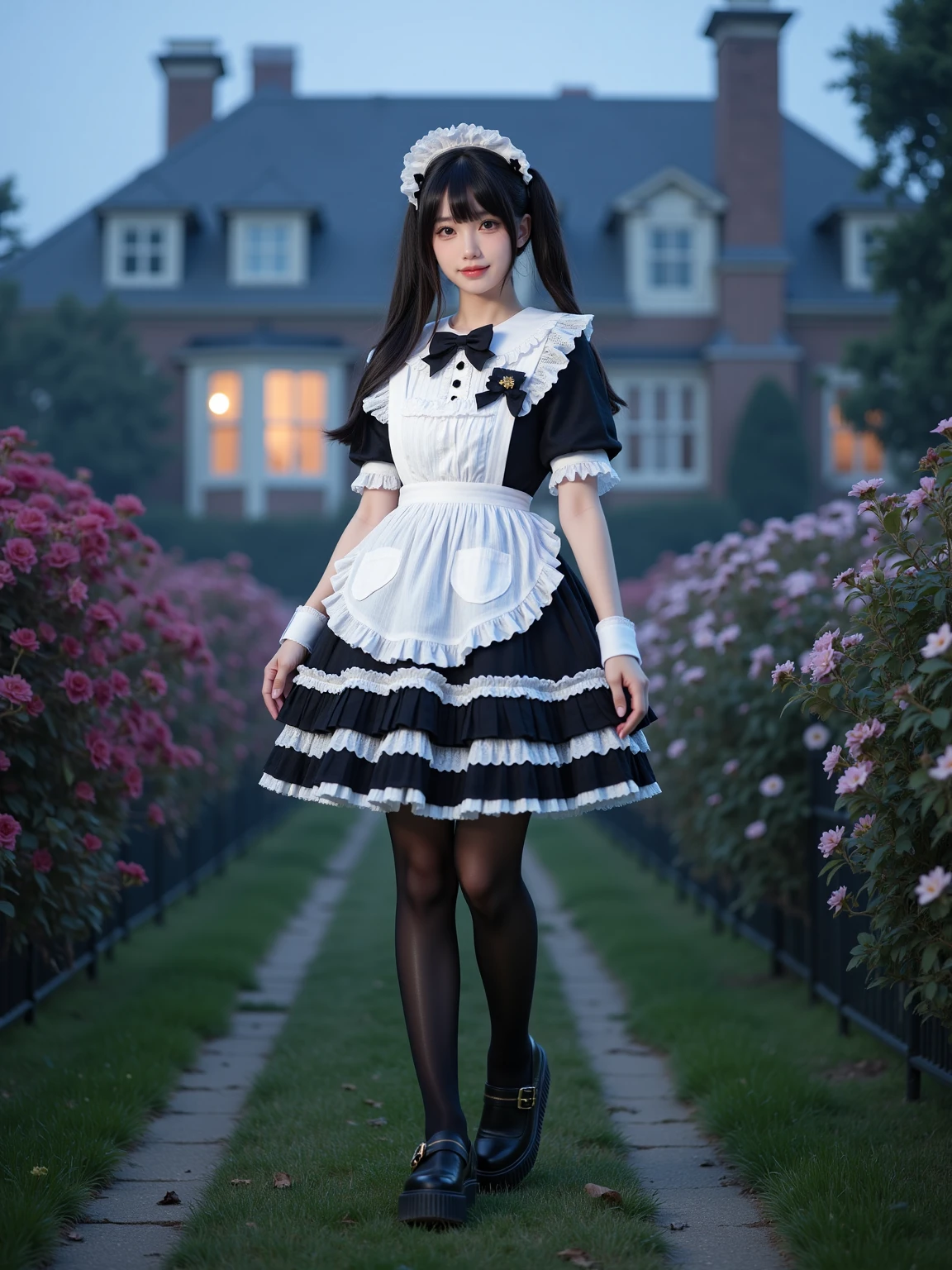 A realistic photo of a beautiful woman dressed in short cyb dress and white apron and black bowtie. She is also wearing wrist cuffs and black pantyhose and black platform shoes. She has long black straight hair with low twintails and maid headdress. The background is wealthy manor with flowers and trees and old house at night with mist. The photo is a full body shot with her entire body visible and with detail background.