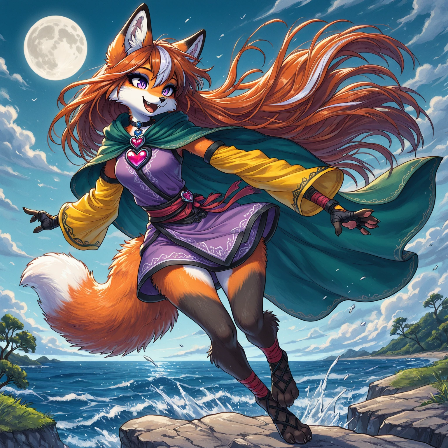masterpiece, best quality, amazing quality, solo, furry female, sfxm2, (black body fur:1.3), fox tail, fox ears, paws, paw pads, (very long hair, auburn hair, streaked hair, white streaks), light purple eyes, pupils, eyeshadow, fox claws, green cape, (purple tunic, yellow sleeves, black trim), heart brooch, moon, trees, bandages, wraps, open-toe footwear, fingerless gloves, vivid contrast, vivid coloring, breeze, windy, fluffy fur, detailed fur, ,, leg up, foot in front, foot focus, cloudscape, sea, :d, fangs