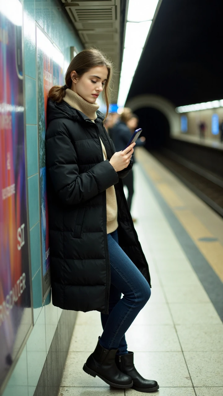 This is a photo taken on the platform of a subway station. The young european woman in the picture is wearing a long black down jacket, a beige high-neck sweater inside, and dark blue straight-leg jeans. She is wearing a pair of black ankle boots. Her long hair is casually tied into a low ponytail, with a few strands naturally falling on the sides of her face.
The girl is leaning against the glass partition on the platform, holding a mobile phone in her hand. The blue light from the screen is reflected on her slightly weary face. Her expression is pensive, with her brows slightly furrowed, as if she is reading some important information. Her other hand is inserted into the pocket of her down jacket, and her overall posture conveys a sense of relaxed waiting.
The uniform white light from the platform's lighting fixtures casts clear reflections on the smooth floor. The advertisement boards on the opposite platform are emitting a soft glow, complementing the LED information screen at the top of the platform. The composition uses a slightly angled frontal view, placing the girl at the center of the frame, with a clean white tile wall behind her, adorned with several vibrant commercial posters.
The breeze from the arriving train gently lifts her clothes and hair, creating graceful lines in the bright platform lighting. A few passengers are scattered on the platform, either looking down at their phones or standing against the wall, forming a lively background. The dark tunnel entrance in the distance contrasts sharply with the well-lit platform, creating a unique sense of spatial depth.
The overall color tone of the image is a balanced mix of warm and cool tones, with the warm lighting of the platform and the inherent cool tones of the subway station environment. This perfectly captures the sense of loneliness and modernity experienced by individuals in urban public spaces. The occasional announcements and the rumbling of the arriving train can almost be felt in the scene, conveying the distinctive atmosphere of the city's public space.