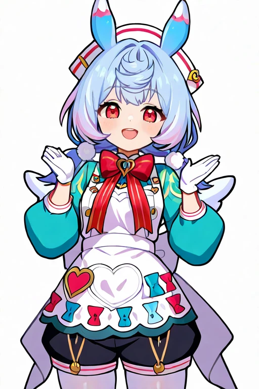 masterpiece, High quality, Ultra detailed, 2d, newest, absurdres, highres, BREAK
1girl, solo, <lora:sigewinne:0.8>, low twintails, pom pom hair ornament, blue hair, white headwear, animal ears, red eyes,
small breasts, sigewinneDef, long sleeves, white apron, aqua shirts, red bowtie, puffy sleeves, white gloves, shorts, black shorts, apron ornament, striped bows, white pantyhose, wings, white back bow, short tail,
looking at viewer, smile, open mouth, hands up, hands_heart,