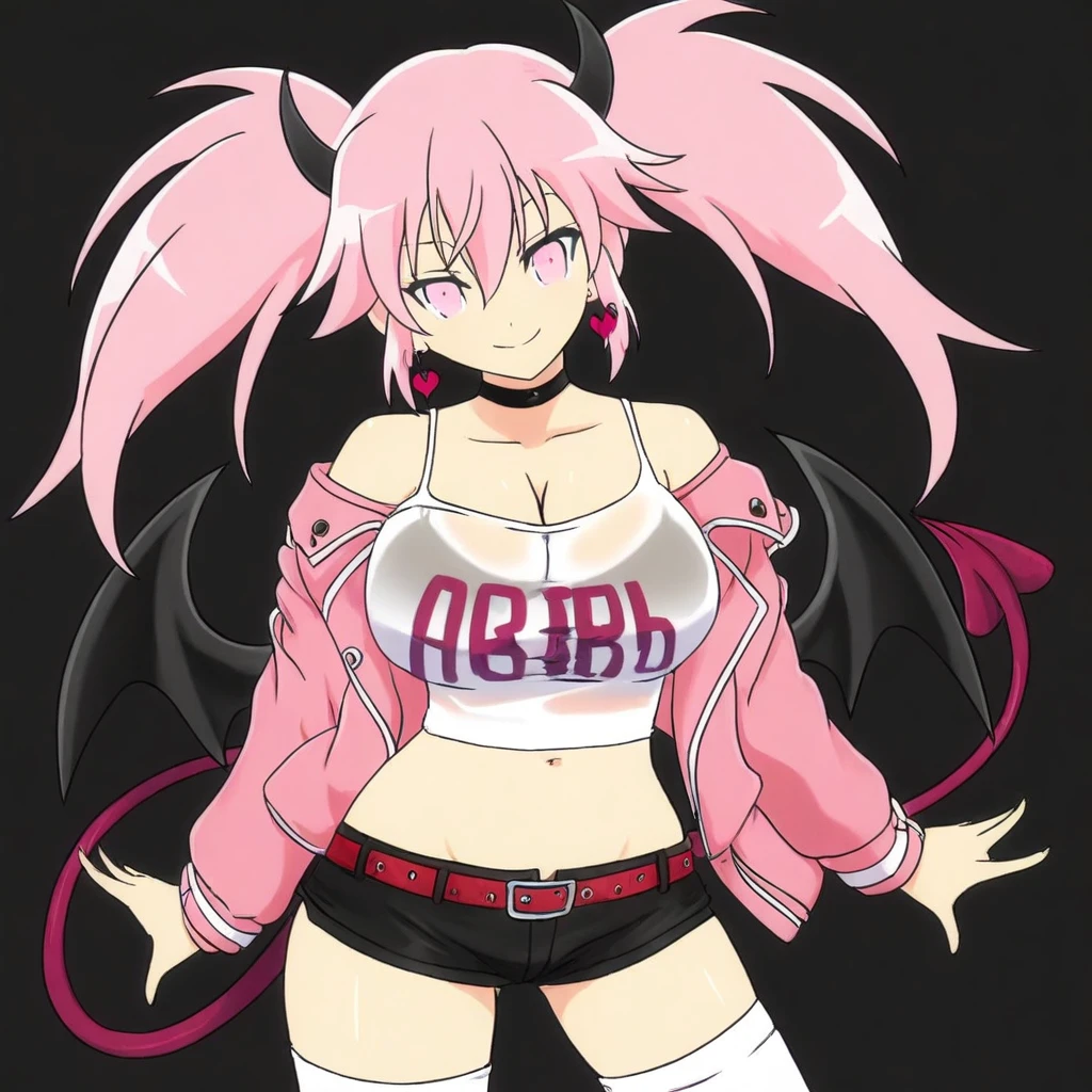 masterpiece, SenKagStyle, 1girl, solo, breasts, tail, pink_hair, horns, demon_tail, shorts, jacket, twintails, large_breasts, smile, looking_at_viewer, long_hair, navel, choker, black_background, pink_eyes, short_shorts, belt, demon_girl, pink_jacket, demon_horns, simple_background, tank_top, open_jacket, cleavage, black_shorts, open_clothes, thighhighs, off_shoulder, bare_shoulders, closed_mouth, head_tilt, hair_between_eyes, cowboy_shot, jewelry, micro_shorts, collarbone, black_choker, white_thighhighs, crop_top, bangs, earrings, clothes_writing, shirt, midriff, standing, see-through, contrapposto, long_sleeves
