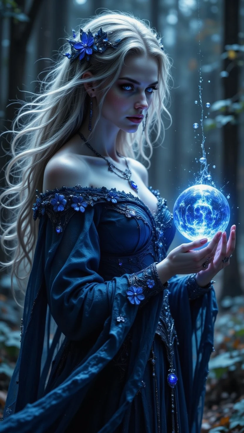 pinkdarkfantasy,
 A mystical woman with silver-dusted hair and deep violet eyes that glow under the moonlight. She wears a flowing indigo gown adorned with orchid motifs, as faint magical mist swirls at her fingertips.