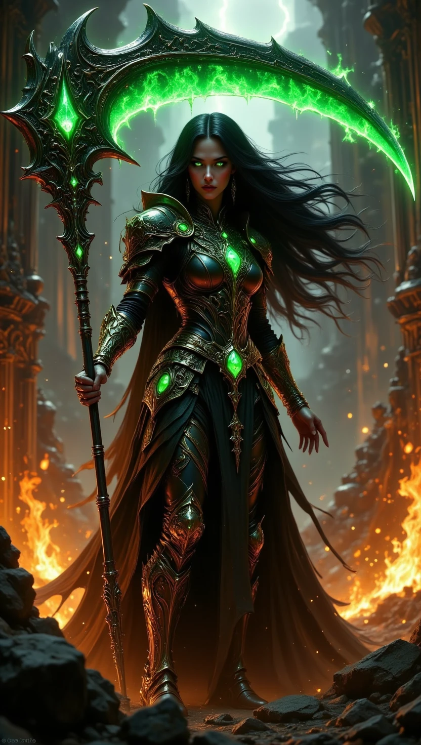 pinkdarkfantasy,
A woman with long black hair, wearing intricate black armor with emerald gemstones, holding a large, glowing green scythe, standing amidst burning ruins.