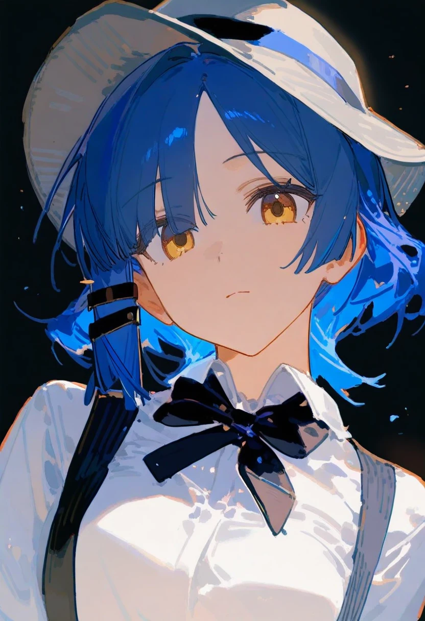 1girl, yamada ryo, bocchi the rock!, ciloranko,
short hair, blue hair, yellow eyes, white shirt, black bowtie, suspenders, fedora, (close-up:0.8),
black background, sensitive,
masterpiece, high score, great score, absurdres
