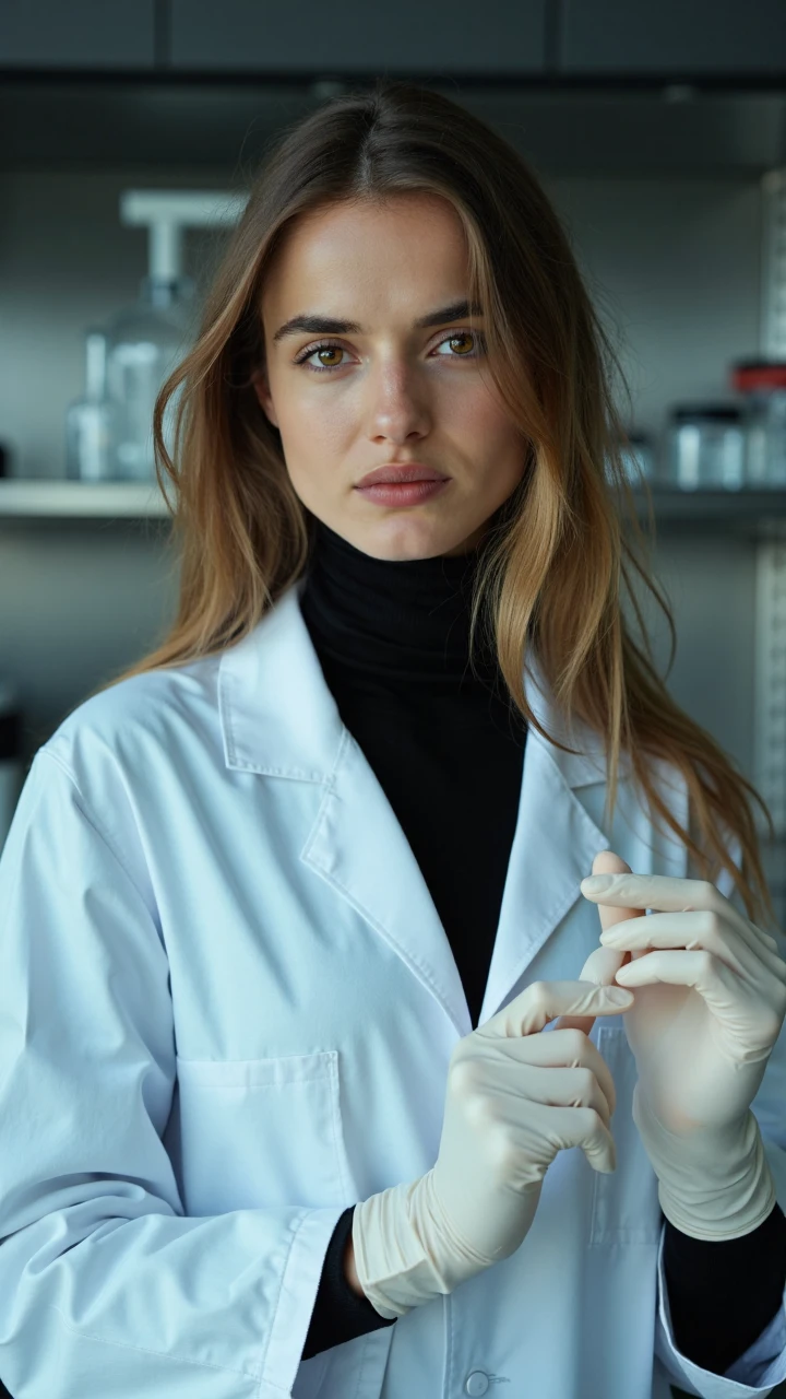 A european model wearing a simple and neat white lab coat, with long straight golden hair naturally scattered, is carefully putting on a white latex glove on her slender fingers, with a calm and professional gaze. Underneath the lab coat, she is wearing a black high-neck inner layer, outlining the elegant neckline. The light is shining at a 45-degree angle, casting a soft light and shadow on her pale cheek, creating a steady and mysterious atmosphere.
The scene is set in a modern forensic laboratory, with the metal work surface reflecting a cool-toned luster, and the slightly blurred glassware and precision instruments in the background. The composition uses a close-up side view, highlighting her slightly lowered brows and the details of her actions, forming a natural visual guide between her hands and face. The overall color tone is dominated by cool tones, presenting a professional image with both rationality and aesthetics.