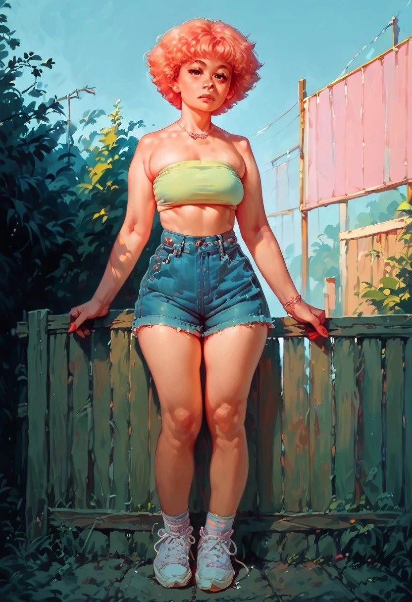 score_9,score_8_up,score_8,score_9,(((pastel colors, high contrast,expressiveh,solo focus, ))), (1girl, standing, looking at viewer), Munch_outfit, denim, skindentation, croptop, sitting sneakers, fence, strapless,