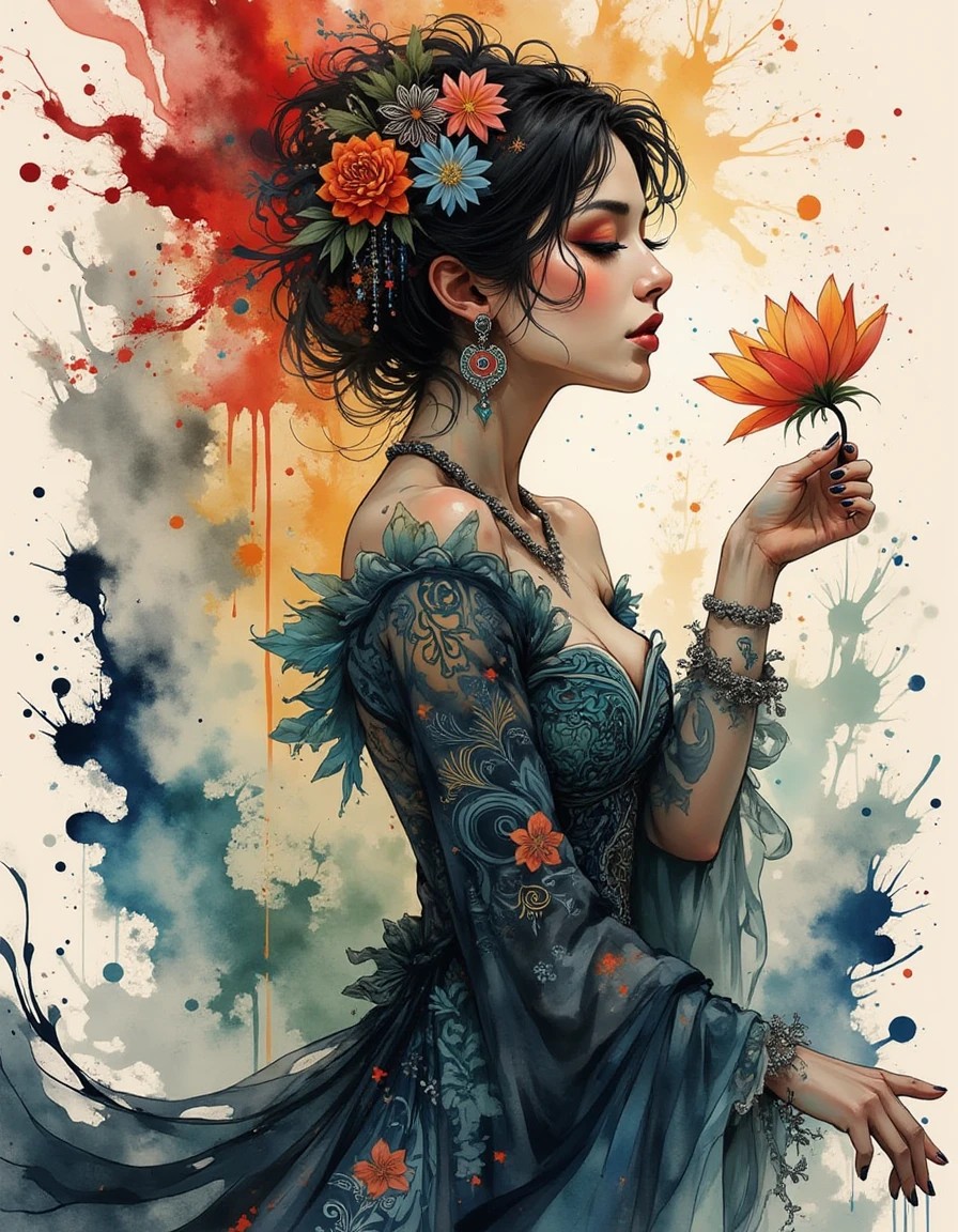 A mystical woman in an ornate, swirling-patterned dress, her body seamlessly blending into a vibrant abstract splatter pattern. Her jewelry glows with intricate floral motifs as a dynamic burst of swirling brushstrokes frames her presence., A dinkfsn style ink wash painting, <lora:Inkwash-Fusion_v30-000030:1>