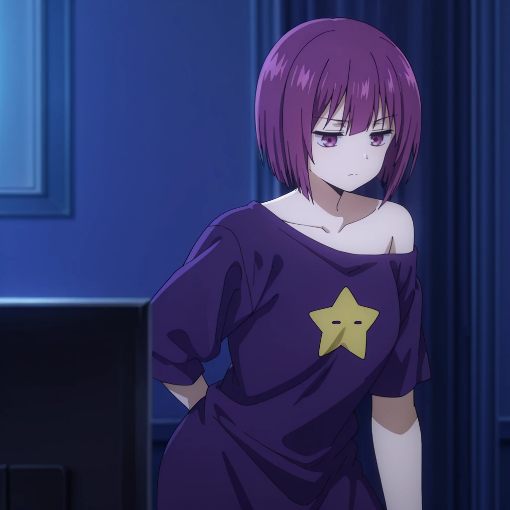 <lora:Shion_illustrious_v1:1> Shion, 1girl, short hair, t-shirt, purple hair, off shoulder, star (symbol), collarbone, short sleeves, purple eyes, bangs, purple shirt, cowboy shot