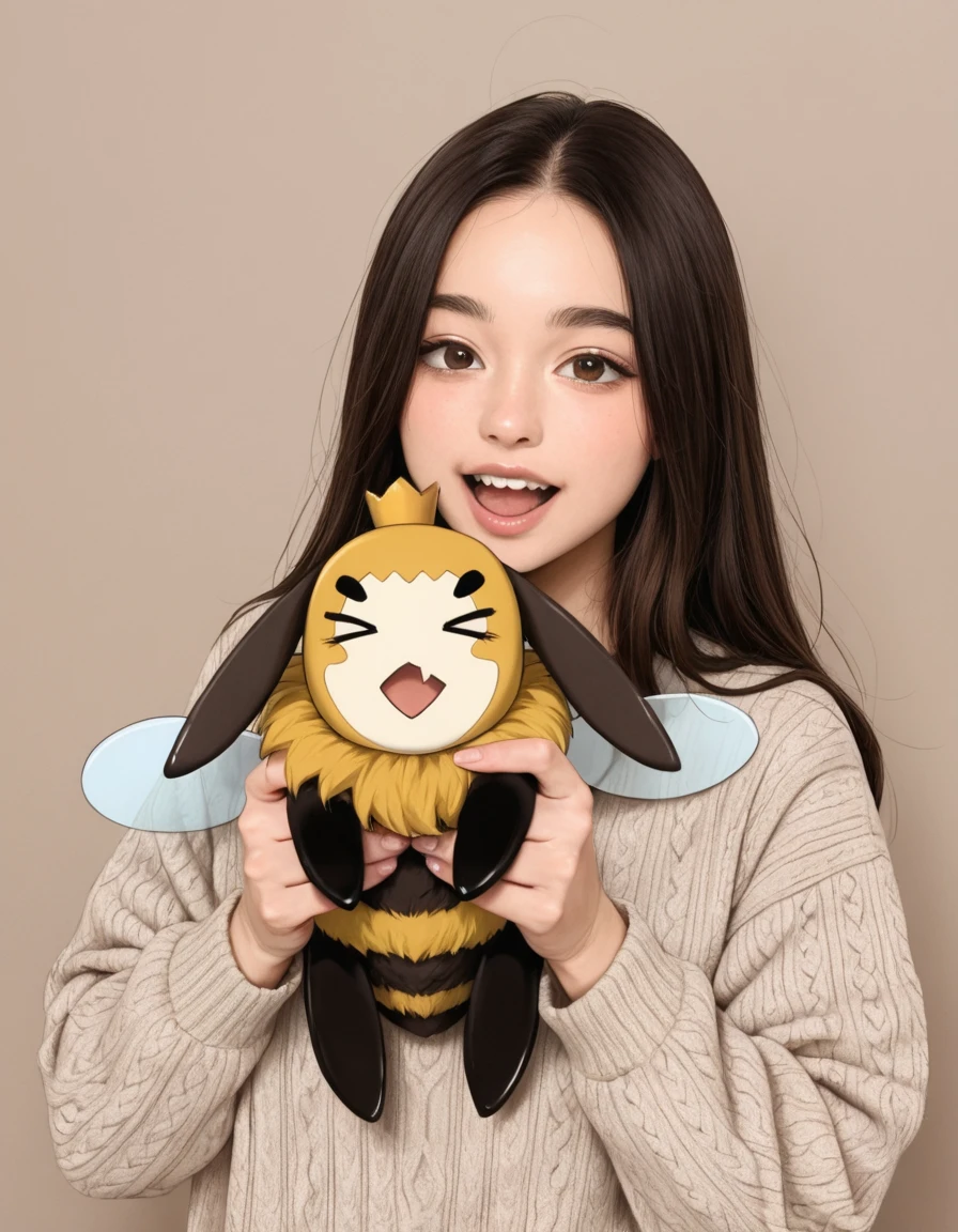1girl, (very awa,masterpiece,best quality,year 2024,newest,absurdres,highres:1), realistic, skin texture, , RAW, best quality, masterpiece, amazing quality, skin details, <lora:kingbee-illust:1>, kingbee, open mouth, brown hair, male focus, brown eyes, fang, holding, > <, crossover, bug, holding animal, thick eyebrows, bangs, skin fang, long sleeves