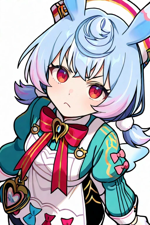 masterpiece, High quality, Ultra detailed, 2d, newest, absurdres, highres, BREAK
1girl, solo, <lora:sigewinne:0.8>, low twintails, pom pom hair ornament, blue hair, white headwear, animal ears, red eyes,
small breasts, sigewinneDef, long sleeves, white apron, aqua shirts, red bowtie, puffy sleeves, white gloves, shorts, black shorts, apron ornament, striped bows, white pantyhose, wings, white back bow, short tail,
looking at viewer, angry, closed mouth, from above,