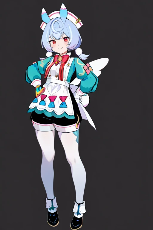 masterpiece, High quality, Ultra detailed, 2d, newest, absurdres, highres, BREAK
1girl, solo, <lora:sigewinne:0.8>, low twintails, pom pom hair ornament, blue hair, white headwear, animal ears, red eyes,
small breasts, sigewinneDef, long sleeves, white apron, aqua shirts, red bowtie, puffy sleeves, white gloves, shorts, black shorts, apron ornament, striped bows, white pantyhose, shoes, black footwear, wings, white back bow, short tail,
standing, looking at viewer, full body, smile,