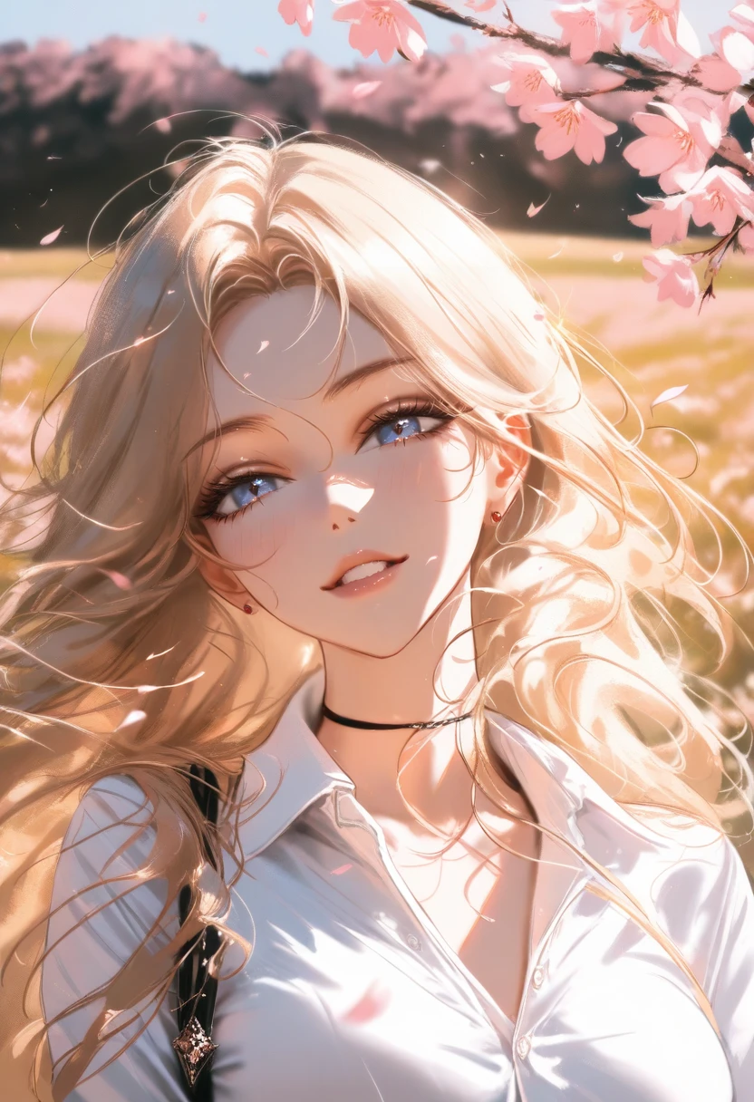 1girl, sensitive, nixeu, solo,
long hair, blonde hair, blue eyes, white shirt, collared shirt, seductive smile, teeth,
field, cherry blossoms, wind,
masterpiece, high score, great score, absurdres