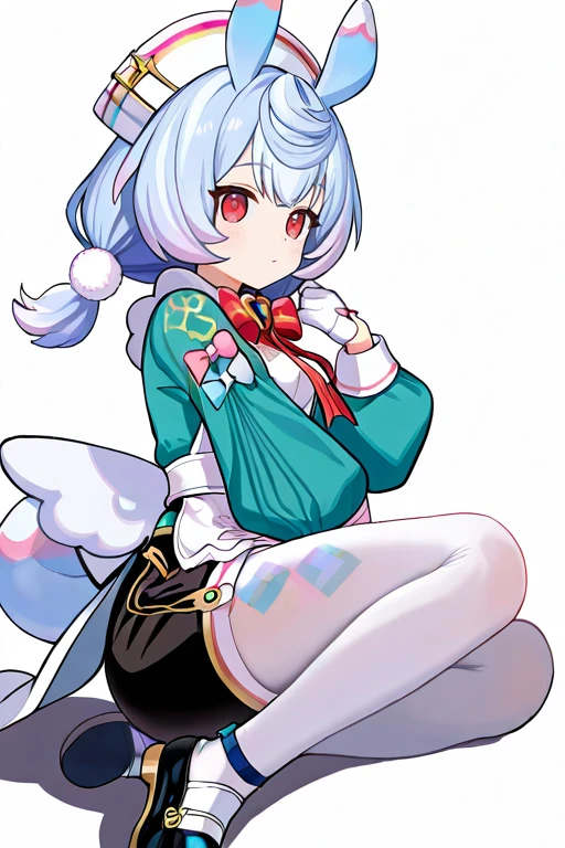 masterpiece, High quality, Ultra detailed, 2d, newest, absurdres, highres, BREAK
1girl, solo, <lora:sigewinne:0.8>, low twintails, pom pom hair ornament, blue hair, white headwear, animal ears, red eyes,
small breasts, sigewinneDef, long sleeves, white apron, aqua dress, striped bow, red bowtie, puffy sleeves, white gloves, shorts, black shorts, white pantyhose, shoes, black footwear, wings, back bow, tail,