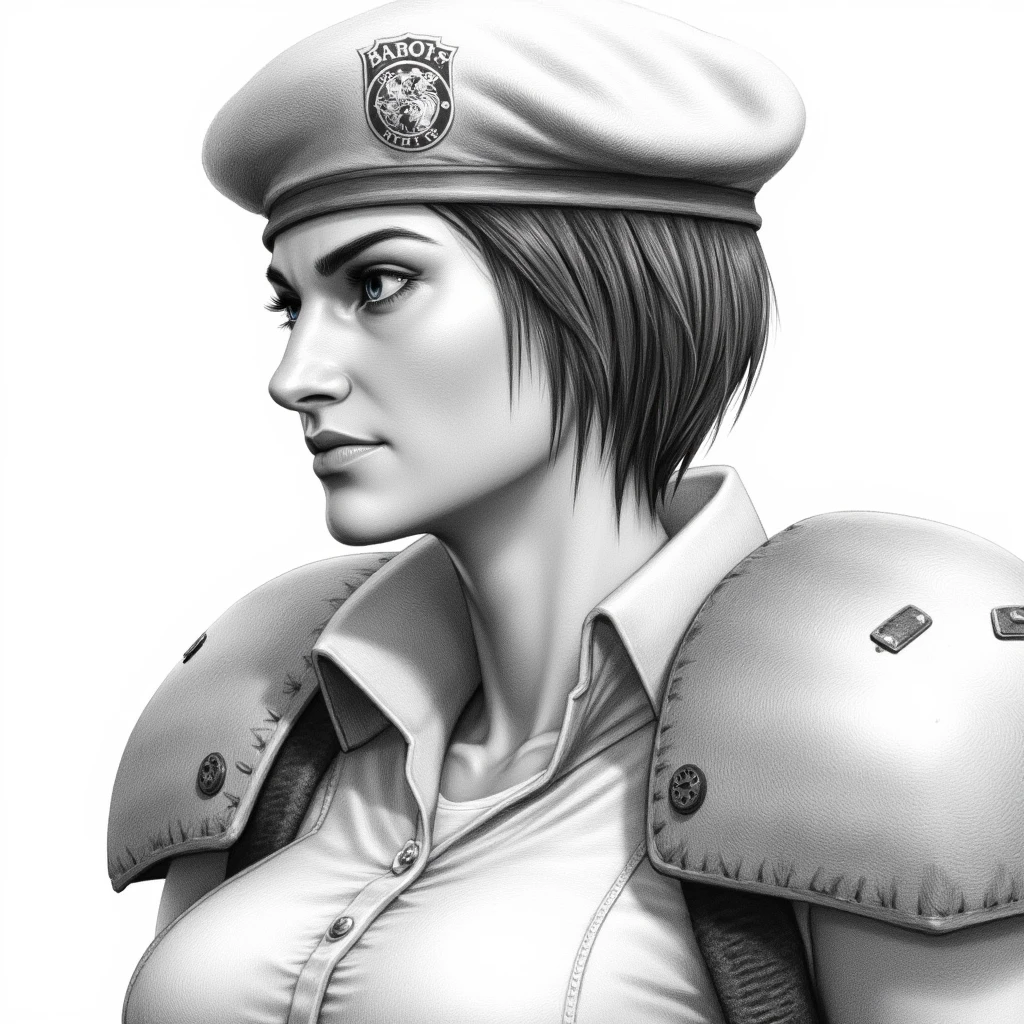 UHD, 4k, ultra detailed, cinematic, a photograph of <lora:Jill Valentine style v1-step00001800:0.8>
Cinematic style Jill Valentine a drawing of a woman in a uniform, solo, short hair, hat, upper body, monochrome, greyscale, uniform, looking to the side, lips, beret, traditional media, portrait, nose, shoulder pads, nose piercing, nose ring, jill valentine, simple background, closed mouth, armor, shoulder armor, pauldrons, graphite (medium)
, epic, beautiful lighting, inpsiring