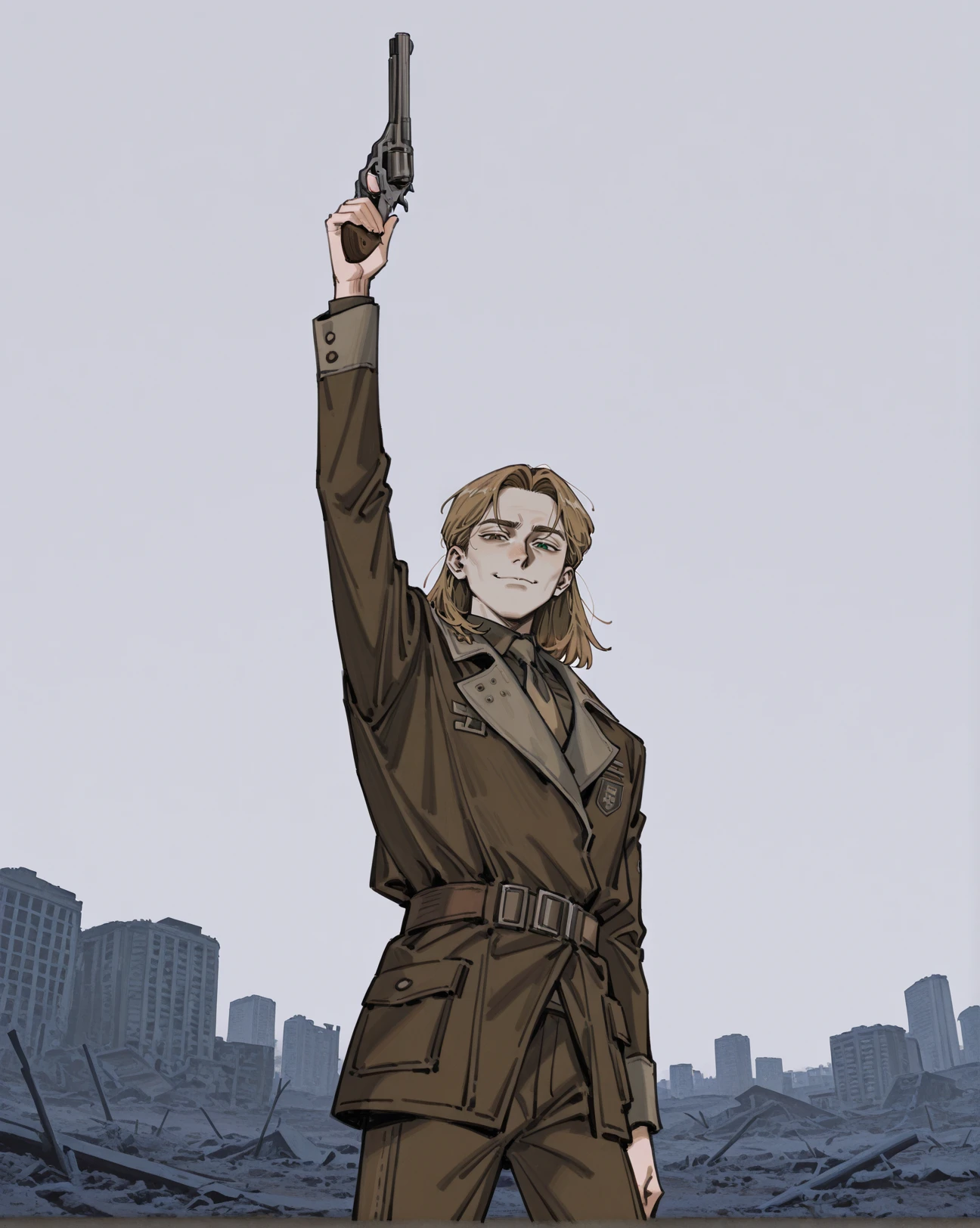 flat colors, (thisuserisalive:1.2) ,an1hu4, dark, 1boy, forehead, ((outlined outlined vector graphics)) smirk,fallout: new vegas, holding revolver, arm up, 1zakary,from below, dynamic pose, brown blonde hair,sleek hair, medium hair, parted bangs, heterochromia,green and brown eyes, enclaveuni, uniform, belt, necktie, jacket, photo background, wasteland, city ruins, grey sky, painterly, cold color, impressionism,<lora:zakarie:0.7> <lora:Th1sUs3rXLP:0.8> <lora:s1mzXLP:0.5> <lora:AniHuaILXL:1> <lora:F76_enclave_uni:0.9>