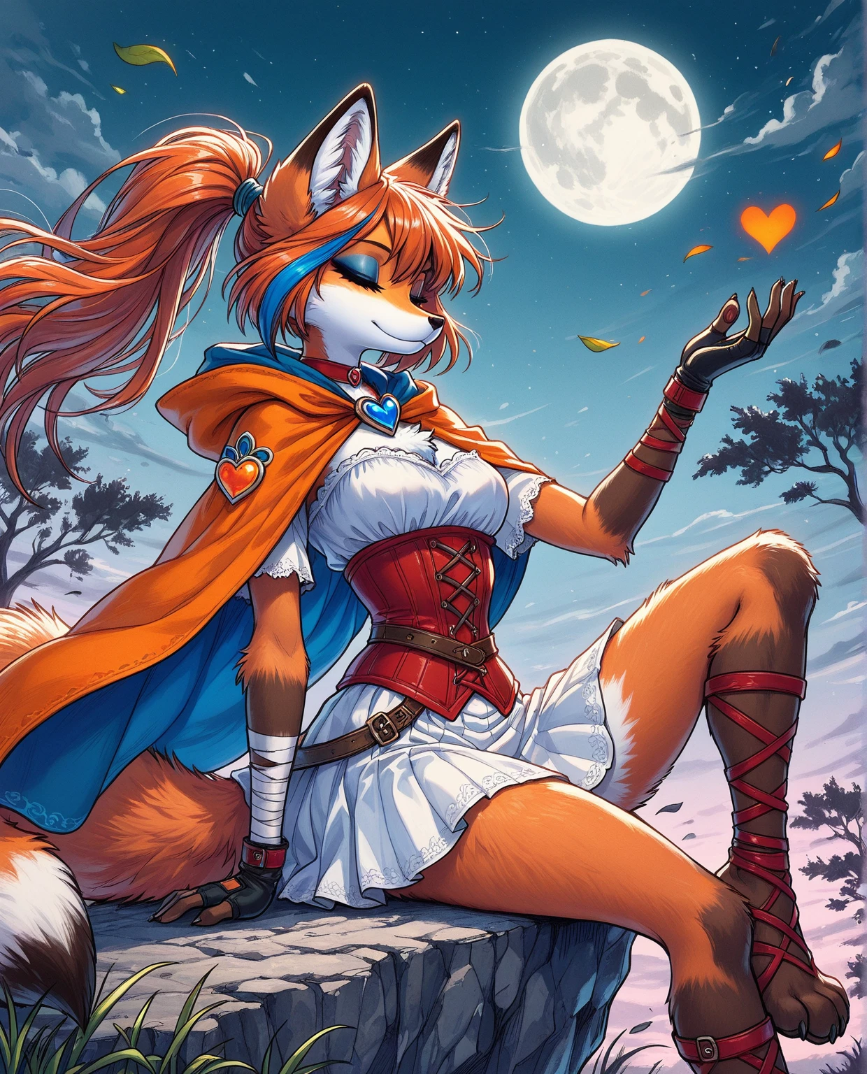 masterpiece, best quality, amazing quality, solo, furry female, sfxm2, fox tail, fox ears, paws, paw pads, (long hair, streaked hair, high ponytail), eyeshadow, fox claws, orange cape, blue inner cape lining, short cape, (red corset, white skirt), heart brooch, moon, trees, bandages, wraps, open-toe footwear, fingerless gloves, vivid contrast, vivid coloring, breeze, windy, fluffy fur, detailed fur, sitting