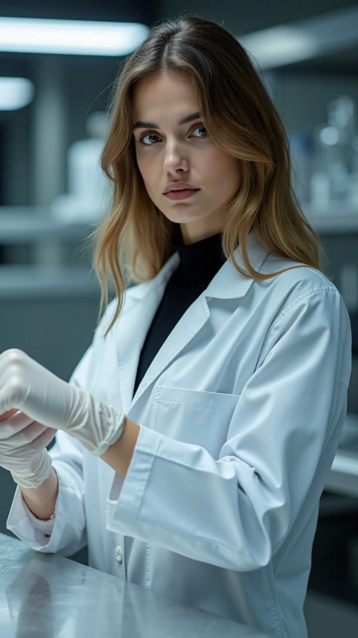 A european model wearing a simple and neat white lab coat, with long straight golden hair naturally scattered, is carefully putting on a white latex glove on her slender fingers, with a calm and professional gaze. Underneath the lab coat, she is wearing a black high-neck inner layer, outlining the elegant neckline. The light is shining at a 45-degree angle, casting a soft light and shadow on her pale cheek, creating a steady and mysterious atmosphere.
The scene is set in a modern forensic laboratory, with the metal work surface reflecting a cool-toned luster, and the slightly blurred glassware and precision instruments in the background. The composition uses a close-up side view, highlighting her slightly lowered brows and the details of her actions, forming a natural visual guide between her hands and face. The overall color tone is dominated by cool tones, presenting a professional image with both rationality and aesthetics.