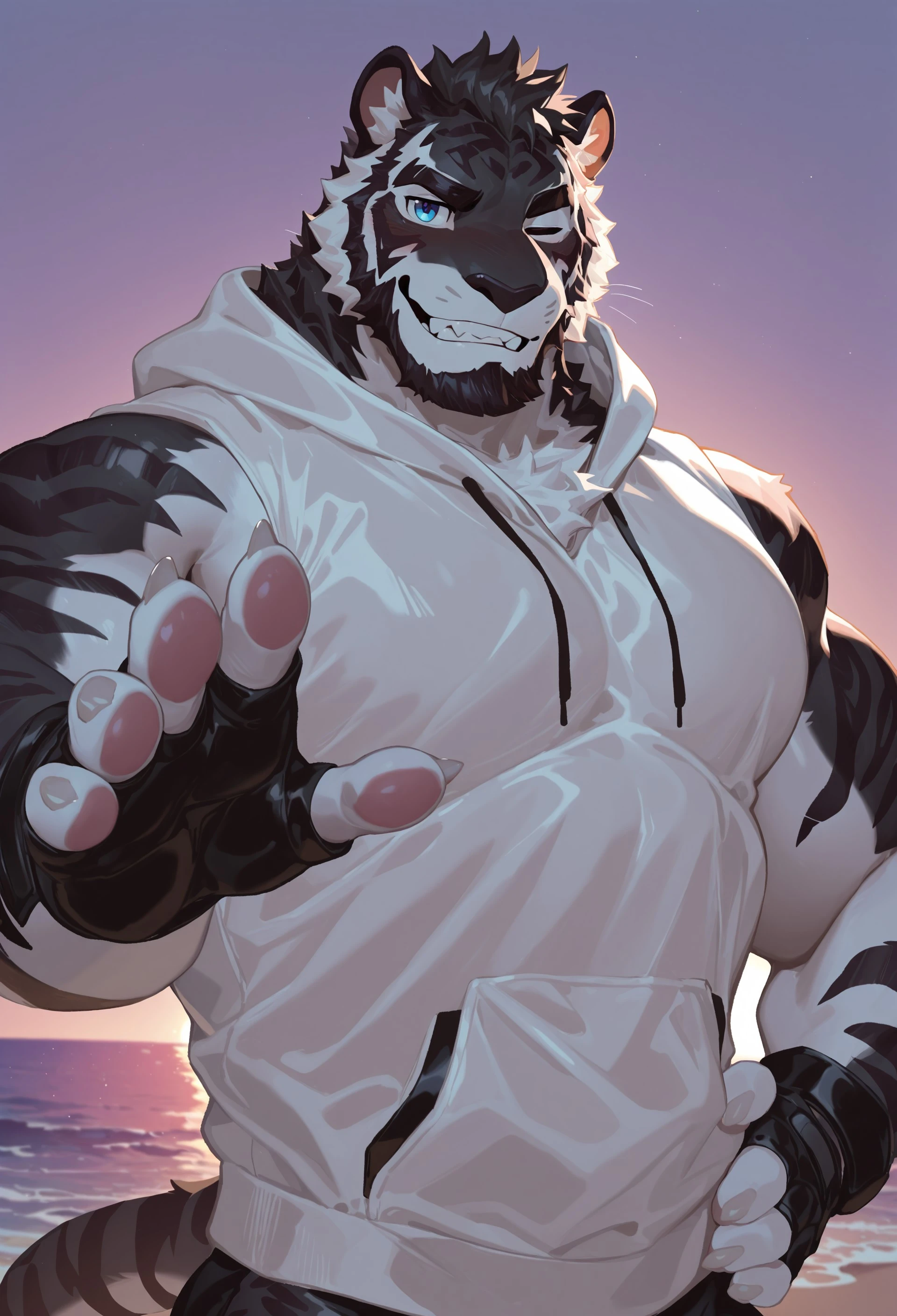 furry, solo, muscular male, 
, close up, reaching,upper body, sunset, (sleeveless hoodie), looking at viewer, close up, beach, Three-quarters view, nice eyes, eyes, muscular, 


 reaching hands, (5 fingers),  (blush:0.7), inviting, invite, (tail), nice hands, 


, felid, mammal, pantherine, tiger, chest tuft, facial hair, fur,stripes, striped fur, striped body, detailed eyes, nice eyes, (teeth:0.8, nice teeth:0.8), black and white body, black body, white body, black fur, white fur, (fingerless gloves:1.4), beard,closed one eye, hand on hip, blue eyes, (pawpads:0.7),



, 2024, 2023, nu119h05t2, masterpiece, best quality, newest, absurdres, highres