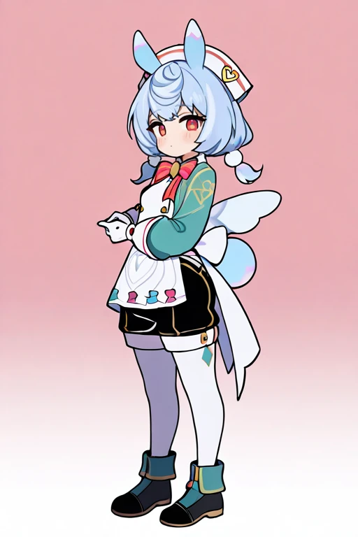 masterpiece, High quality, Ultra detailed, 2d, newest, absurdres, highres, BREAK
1girl, solo, <lora:sigewinne:0.8>, low twintails, pom pom hair ornament, blue hair, white headwear, animal ears, red eyes,
small breasts, sigewinneDef, long sleeves, white apron, aqua shirts, striped bow, red bowtie, puffy sleeves, white gloves, shorts, black shorts, white pantyhose, shoes, black footwear, wings, white back bow, short tail,
standing, looking at viewer, full body,
