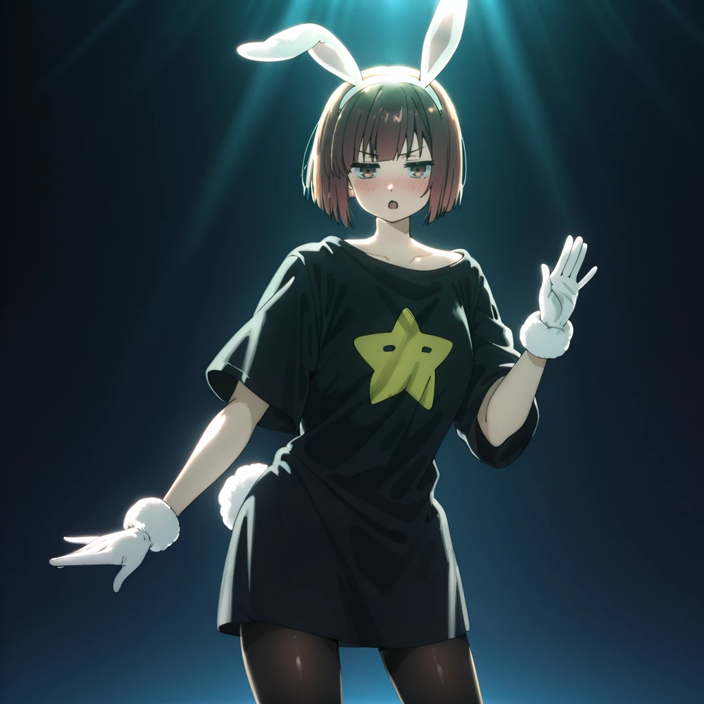 <lora:Shion_illustrious_v1:1>ShionBunny, 1girl, short hair, star (symbol), brown hair, t-shirt, pantyhose, brown eyes, gloves, bob cut, black shirt, cowboy shot