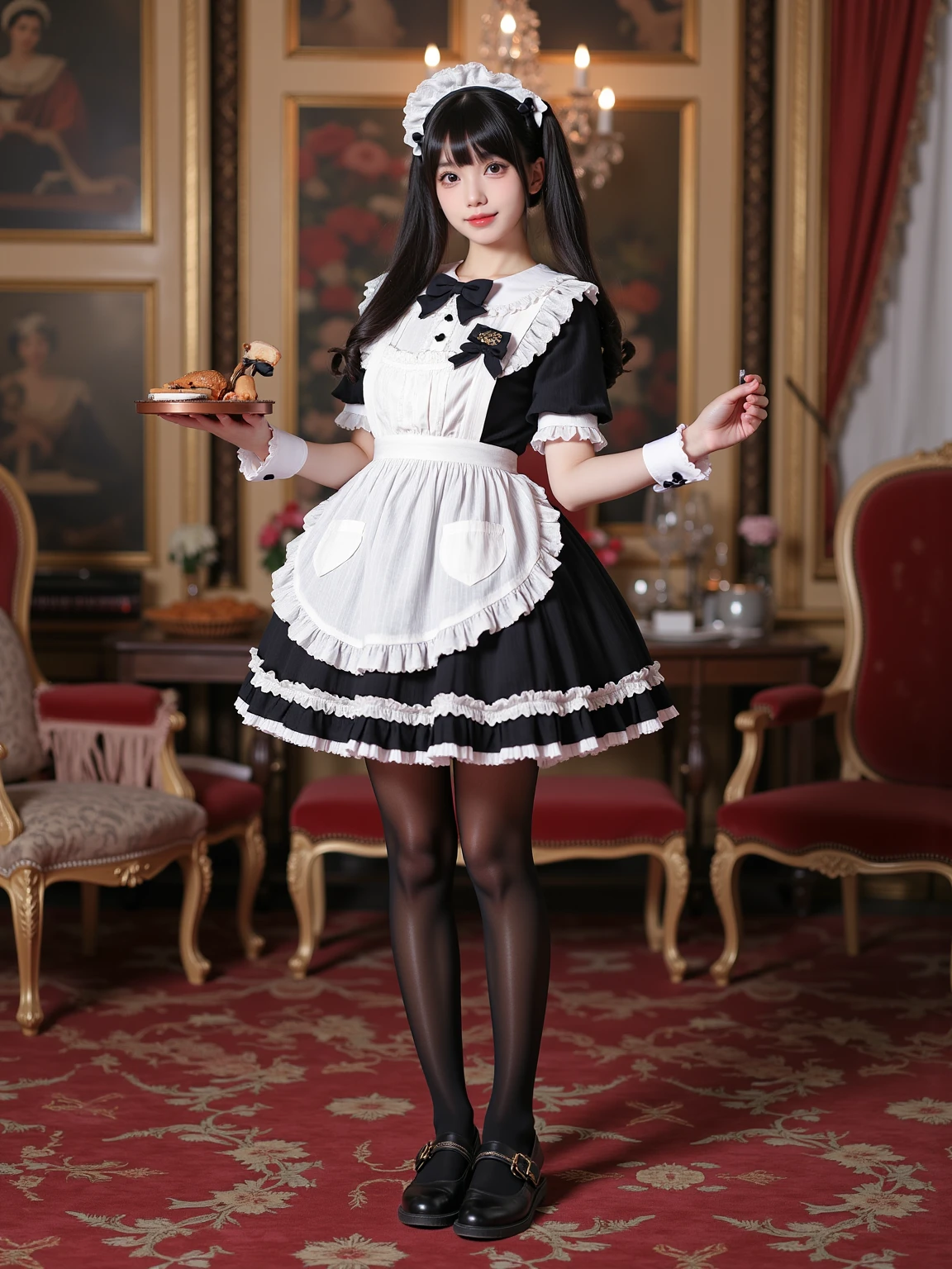 A realistic photo of a beautiful woman dressed in short cyb dress and white apron and black bowtie. She is also wearing wrist cuffs and black pantyhose and black shoes with bow. She has long black straight hair with low twintails and maid headdress. She is holding a tray with food. The background is a luxuriously decorated royal room, there are various decorations in the room. The photo is a full body shot with her entire body visible and with detail background.