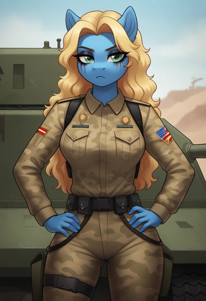 score_9, score_8_up, score_7_up, score_6_up, realistic illustration, dramatic angle, military headquarters, military base, outdoors, day, armored vehicle, apc, tank (vehicle), m1a2 ambrams, m1a2 ambrams MBT tank,
 (1girl,((blue body,(blonde hair,long hair,wavy hair),(green-eyed),female,eyelashes,cute:5,adorable:3,adorasexy:1,good_anatomy,anthro pony), goth makeup, medium breasts,bubble butt)),
 (anthro pony), 26 yo, tail, female focus, looking at you, seducing, serious face, unamused, uniform military, grey undershirt, camouflage jacket military uniform, camouflage military cargo tactical pants, one hand on hip,