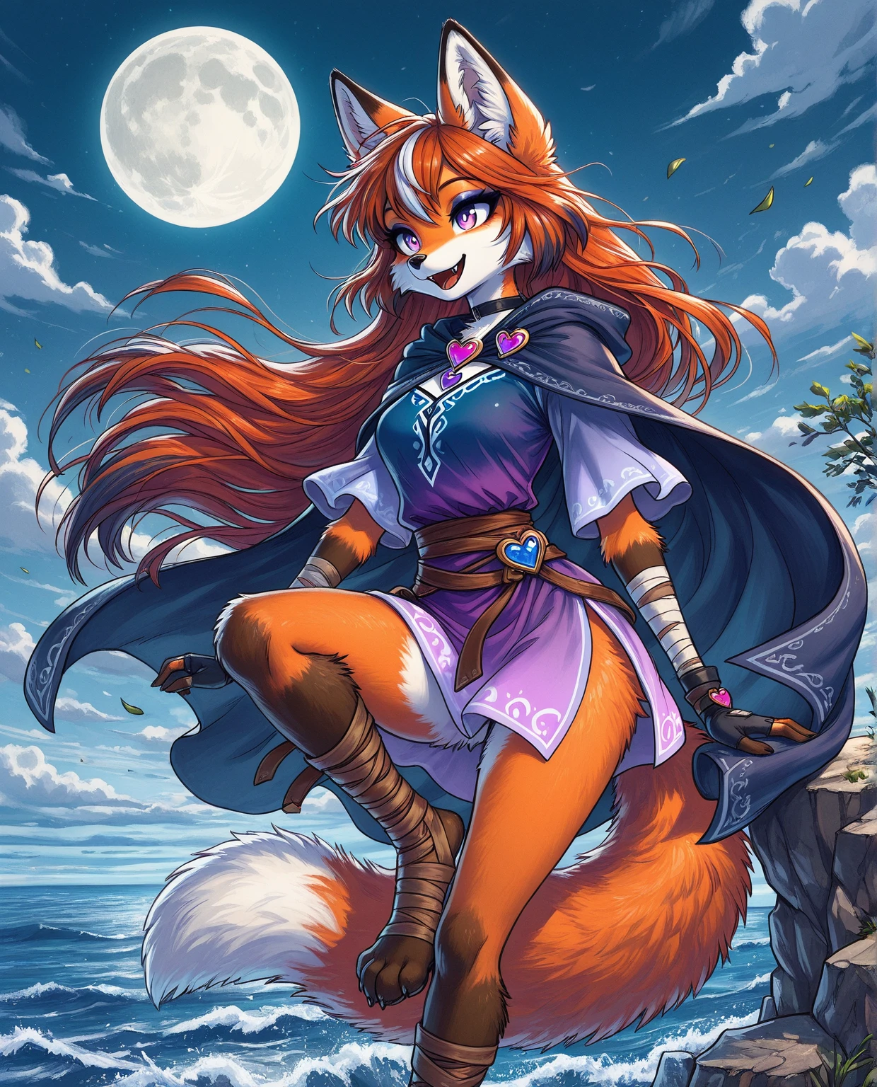 masterpiece, best quality, amazing quality, solo, furry female, sfxm2, fox tail, fox ears, paws, paw pads, (very long hair, auburn hair, streaked hair, white streaks), light purple eyes, pupils, eyeshadow, fox claws, dark blue cape, (violet tunic, gradient tunic), heart brooch, moon, trees, bandages, wraps, open-toe footwear, fingerless gloves, vivid contrast, vivid coloring, breeze, windy, fluffy fur, detailed fur, leg up, foot in front, foot focus, cloudscape, sea, :d, fangs