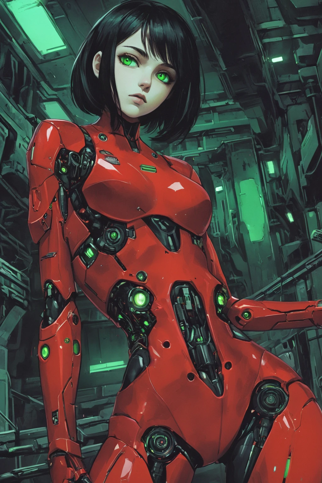 The image is a digital illustration in a detailed, vibrant, high contrast, semi-realistic art style with 90s retro futuristic anime elements without noise or comic halftone effect. The subject is a woman with dark shoulder length hair and green eyes. Her face showing a serious expression. The theme of her body is a vivid red. Her body is slender and athletic. Her body is cyborg with mechanical parts integrated into it. Her arms and chest are fully mechanical. she is wearing a red futuristic, cybernetic, high-tech suit with a vivid red color, reminiscent of military or space gear. the background features a greenish, (dark), abandined, industrial setting with metallic pipes and machinery, creating a sense of a dystopian or sci-fi environment. The compostition and the poses are dynamic. The composition is dominated by cool tones, with a muted, slightly gritty texture that enhances the gritty, futuristic atmosphere.