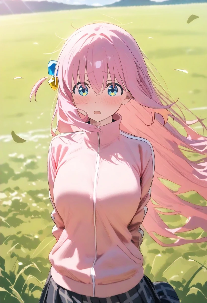 1girl, gotoh hitori, bocchi the rock!, sensitive,
long hair, pink hair, blue eyes, track jacket, pink jacket, open mouth, blush,
field, wind,
masterpiece, high score, great score, absurdres