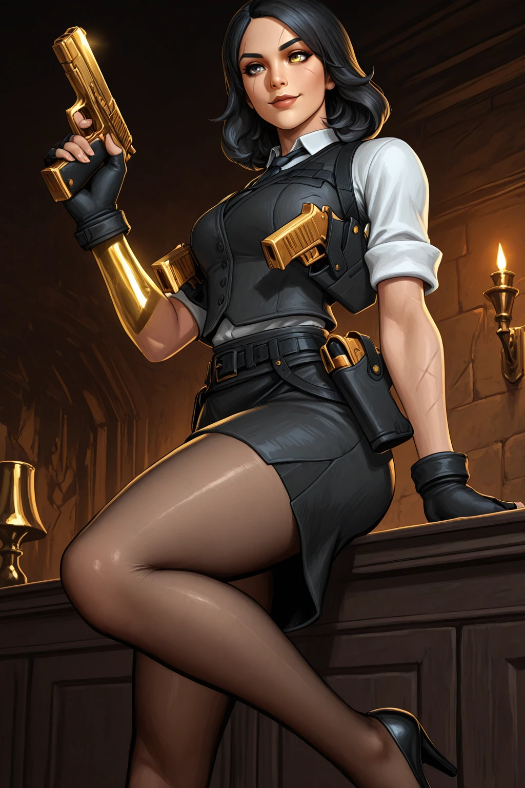 masterpiece, good quality, best quality, very awa, very as2, absurdres, highres
<lora:Fortnite MarigoldilluLoRA:1>mrigld, short hair, heterochromia, scar over eye, vest, shirt, holster, necktie, fingerless gloves, belt, skirt, pantyhose, golden arm, single golden glove, colored skin, high heels, holding handgun, smile, hand up, dark room, smile