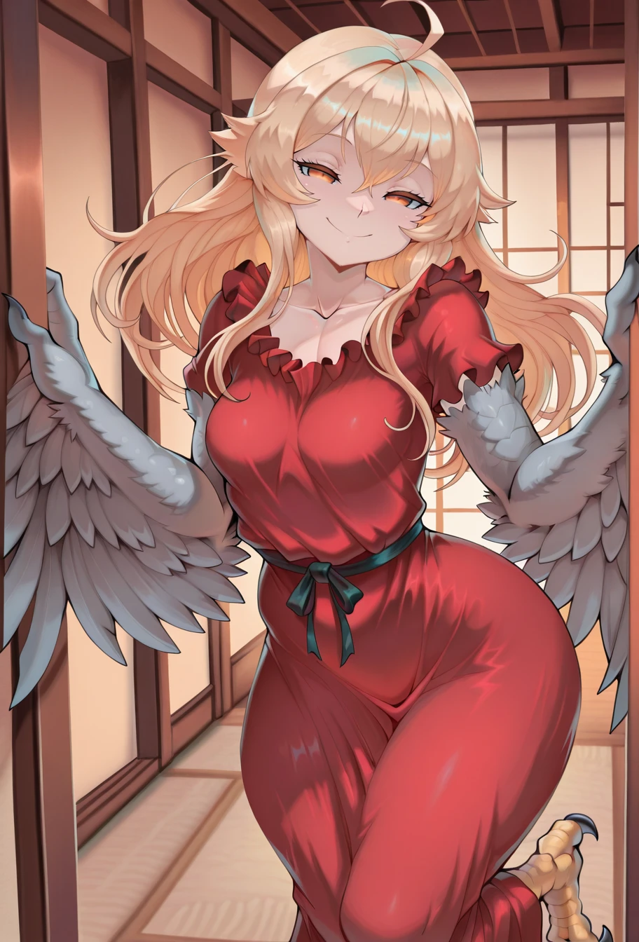 masterpiece, best quality, absurdres, 1girl, solo,  <lora:I_Need_An_Adult:1>, inad, harpy, winged arms, talons, blonde hair, grey feathers, long hair, red dress, indoors, smile, half-lidded eyes