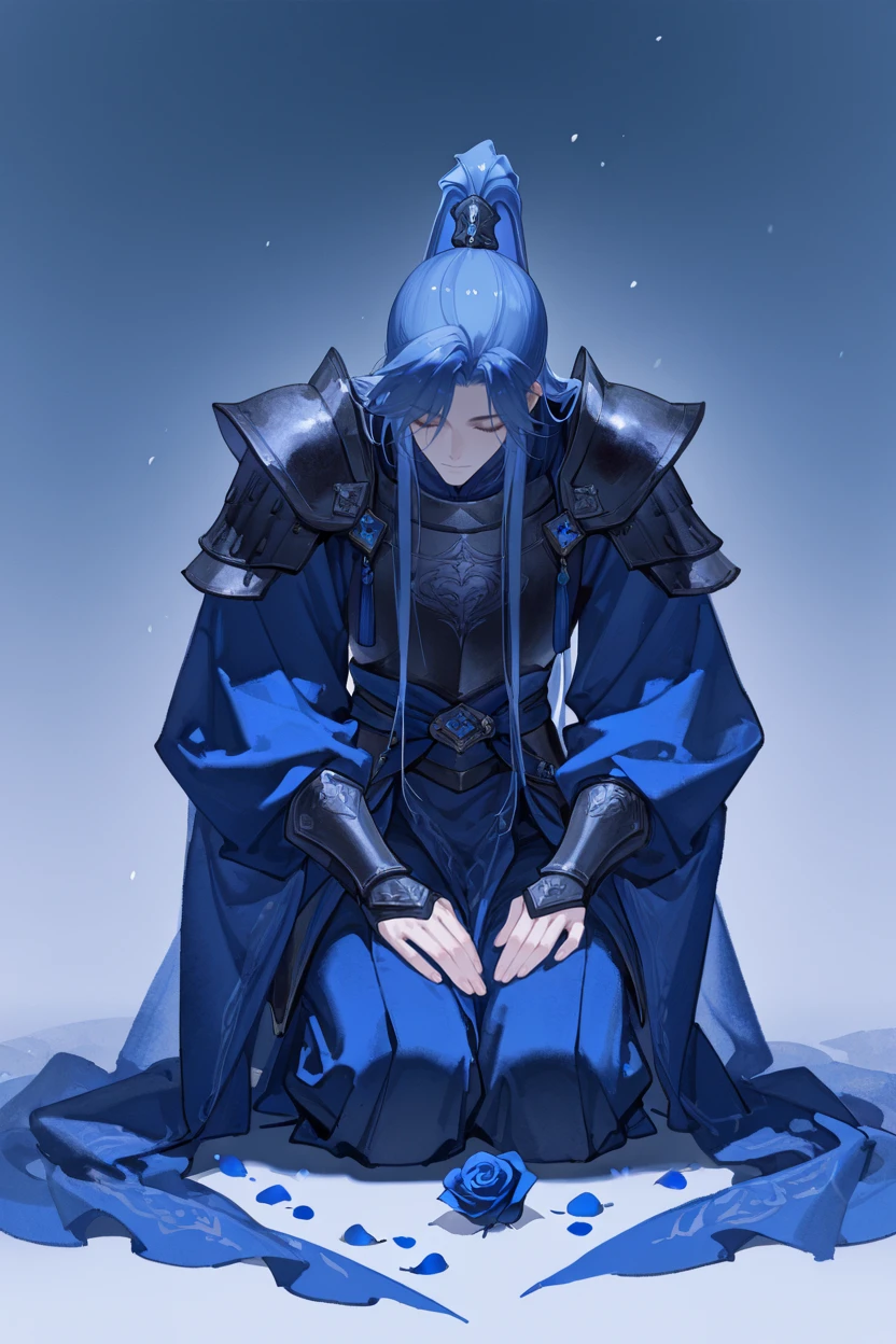 masterpiece, best quality, very aesthetic, newest, absurdres, highres,
<lora:YuYuHuadiaoIllustriousV1:1> yuyuhuadiao,
1boy, solo, long hair, blue hair, closed eyes, ponytail, flower, male focus, armor, petals, kneeling, rose, blue flower, blue theme, blue rose