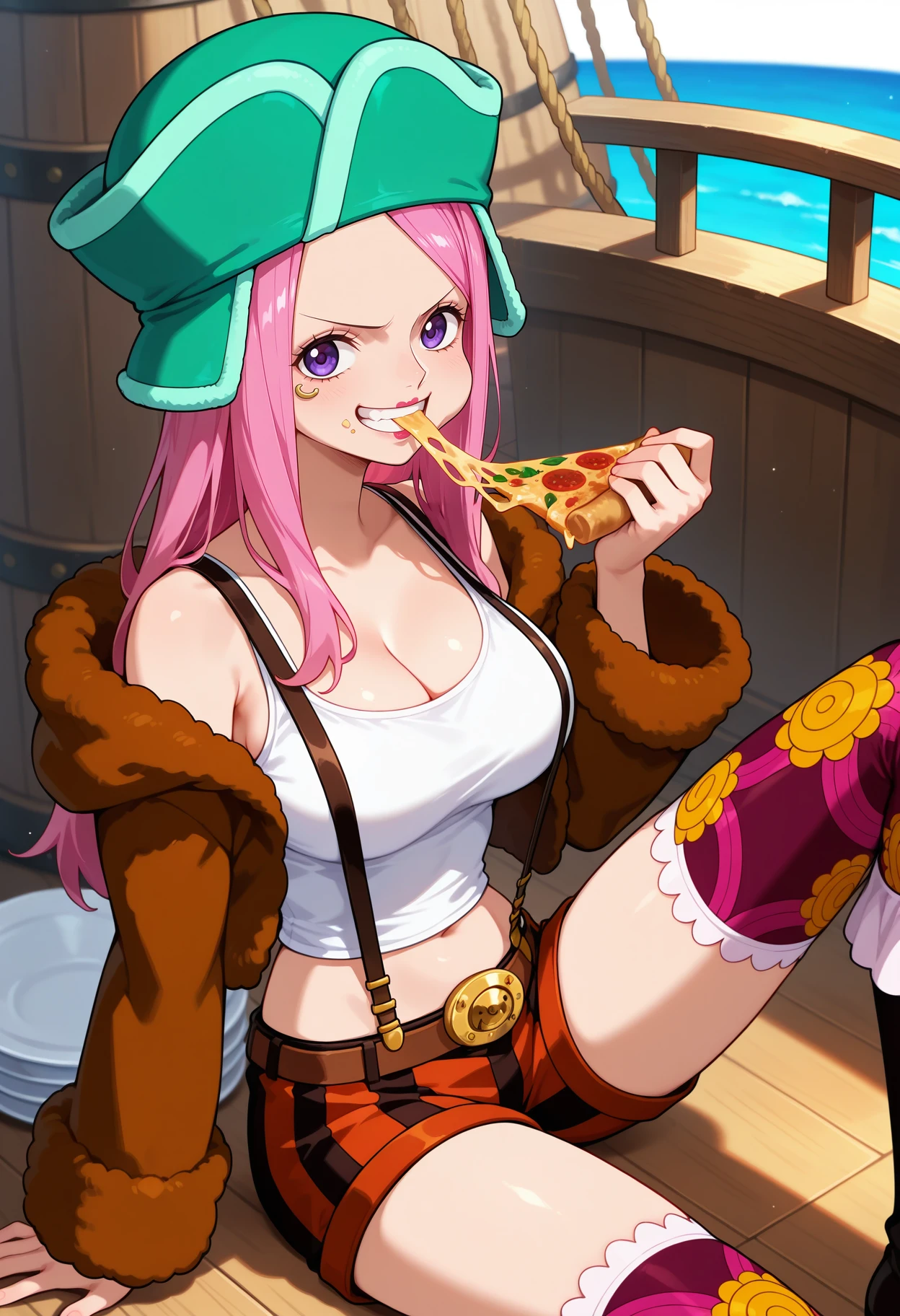 best quality, masterpiece, 1girl, aabonney, long hair, pink hair, hat, green headwear, purple eyes, anti-eyebrow piercing, lipstick, large breasts, cleavage, white camisole, suspenders, brown jacket, long sleeves, midriff, vertical-striped shorts, orange shorts, print legwear, <lora:jewelry_bonney_ilxl_v1:0.9>, pirate ship, on floor, sitting, eating, pizza, smile,