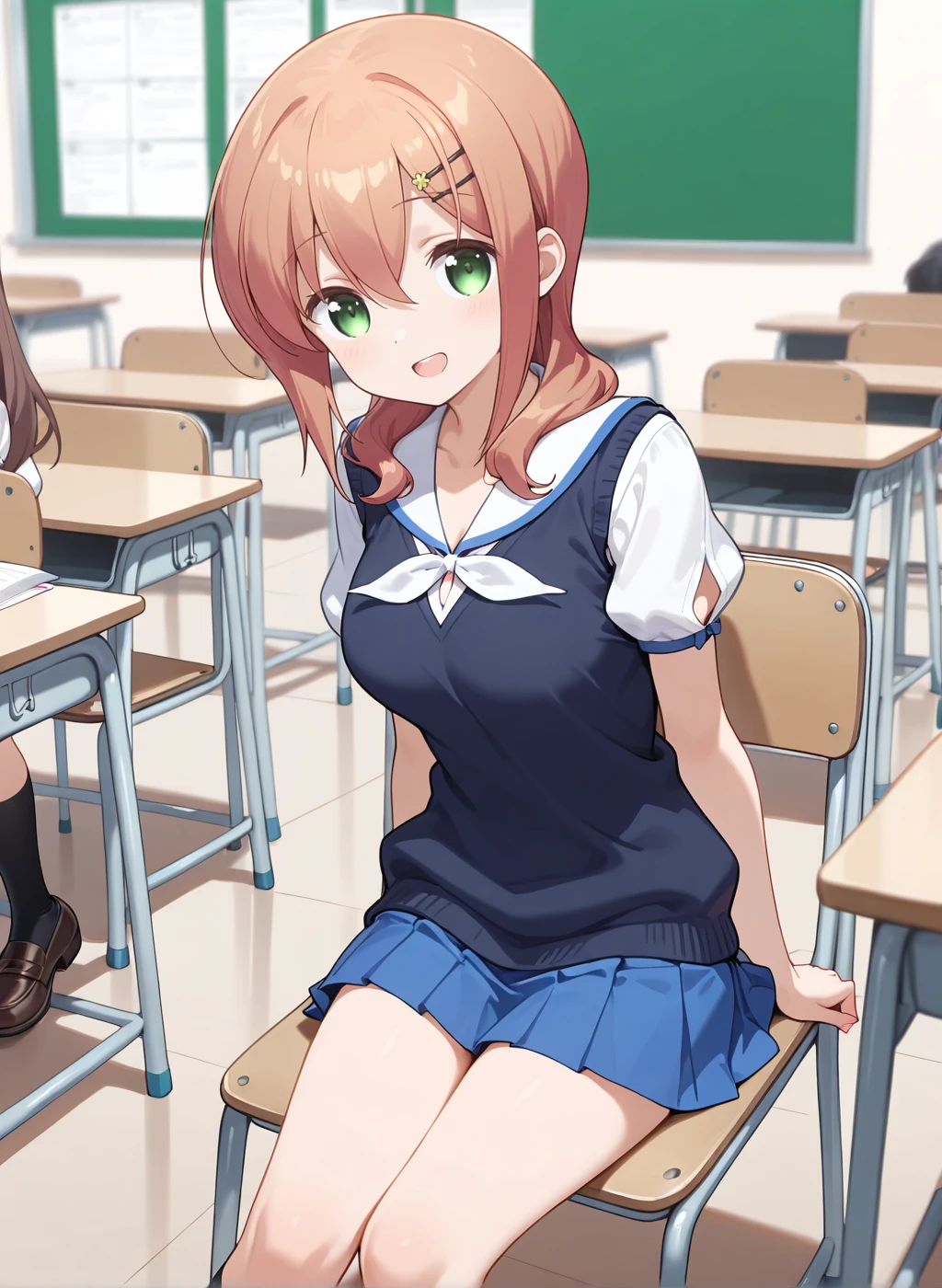 High quality,Ultra detailed,best quality,insanely detailed,beautiful,masterpiece,highres,absurdres,very aesthetic,very awa,sensitive BREAK
<lora:tokura_eiko_V1_IL:1>,(tokura eiko,slow start, brown hair, long hair, hair ornament, hairclip, bangs, green eyes, hair between eyes,medium breasts),(summer uniform, puffy short sleeves,v-neck,white shirt,white sailor collar,blue skirt,pleated skirt,vest,pleated skirt,black kneehighs,loafers),1girl,solo,:d,posing,solo focus,(school,classroom,indoors,sitting on chair,looking at viewer),