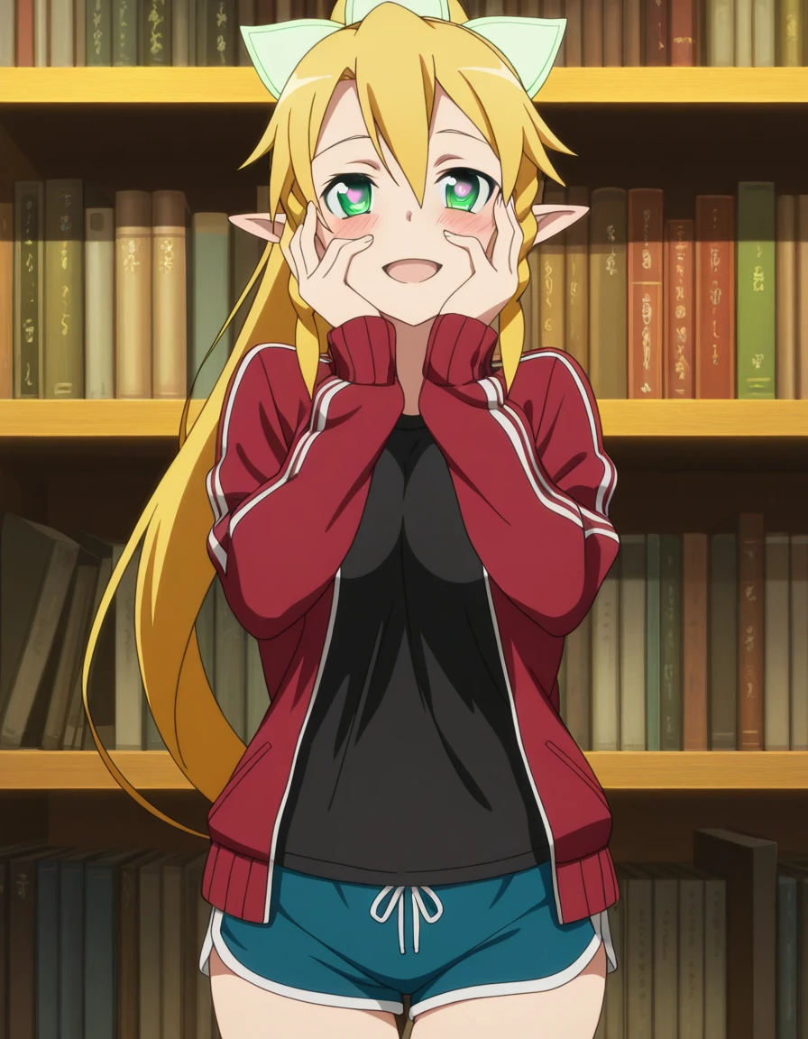 masterpiece, best quality, amazing quality,, <lora:suguha-kirigaya-s1-illustriousxl-lora-nochekaiser:1>, suguha kirigaya, leafa (sao), long hair, blonde hair, hair between eyes, green eyes, ponytail, braid, pointy ears, twin braids, mature female, breasts, anime screencap, jacket, shorts, short shorts, blue shorts, track jacket, dolphin shorts, gym shorts, red jacket, shirt, black shirt,, library, books, shelves, reading, quiet, smile, yandere trance, yandere, hands on own cheeks, hands on own face, crazy eyes, crazy smile, crazy, heart-shaped pupils, glowing eyes, symbol-shaped pupils, hand on own face, open mouth, glowing, blush, looking at viewer, looking at viewer, solo,, cowboy shot, solo