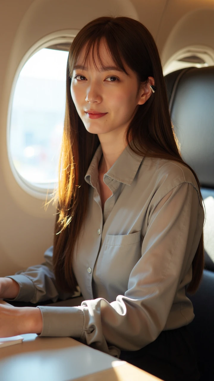 This image depicts a long-haired female secretary sitting in an aircraft cabin seat, exuding a sense of professional elegance and confidence. She is wearing a well-fitted shirt uniform, with a simple yet detailed design that accentuates her alluring curves, showcasing the professional charm of a woman. The female secretary is leaning slightly forward, intently reviewing documents on the small table, and her graceful posture and focused expression complement each other, creating an atmosphere of concentration and self-assurance.
Sunlight streaming through the aircraft window bathes her in a natural glow, making her skin radiate a healthy and vibrant appearance. The background is the modern decor of the aircraft interior, with comfortable seats and a tidy cabin environment adding a touch of warmth and sophistication to the scene. Through the skillful use of lighting, color, and composition, the overall image successfully conveys a sense of relaxed and pleasant travel, while also highlighting the elegant qualities and professional appeal of the female secretary.