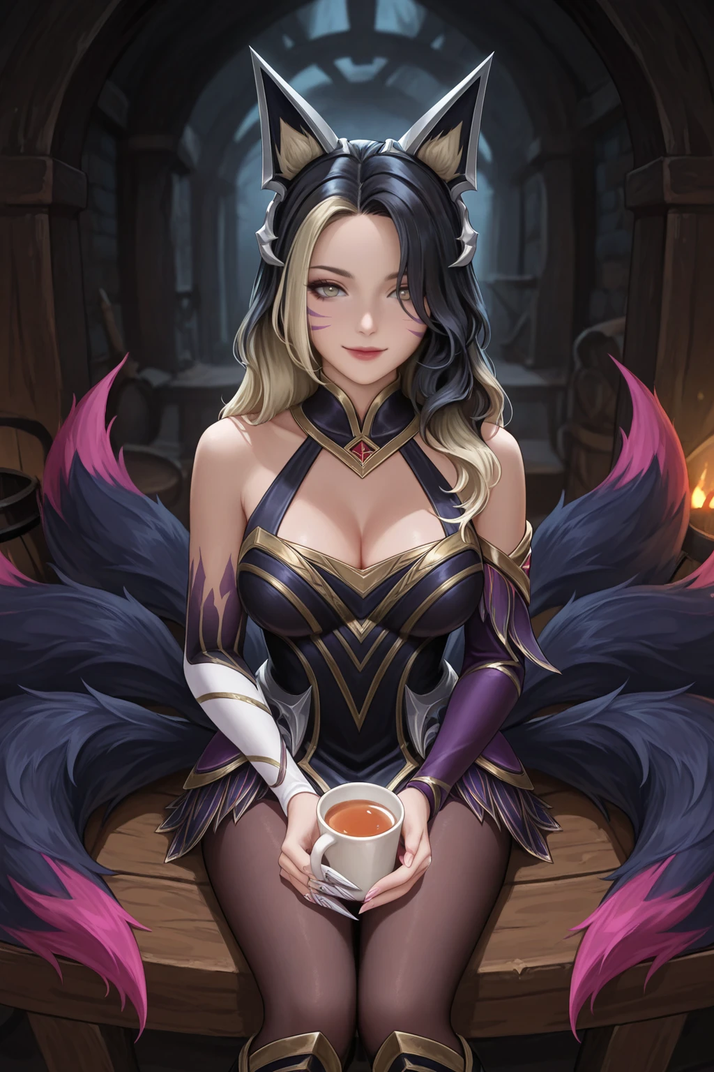 masterpiece, good quality, best quality, very awa, very as2, absurdres, highres
 <lora:coven ahriilluLoRA:1>cvnari, animal ears, long hair, multicolored hair, whisker markings, bare shoulders, detached sleeves, halter dress, cleavage, asymmetrical sleeves, claw ring, multiple tails, pantyhose, knee boots, sitting in a tavern, holding a cup of tea, smile