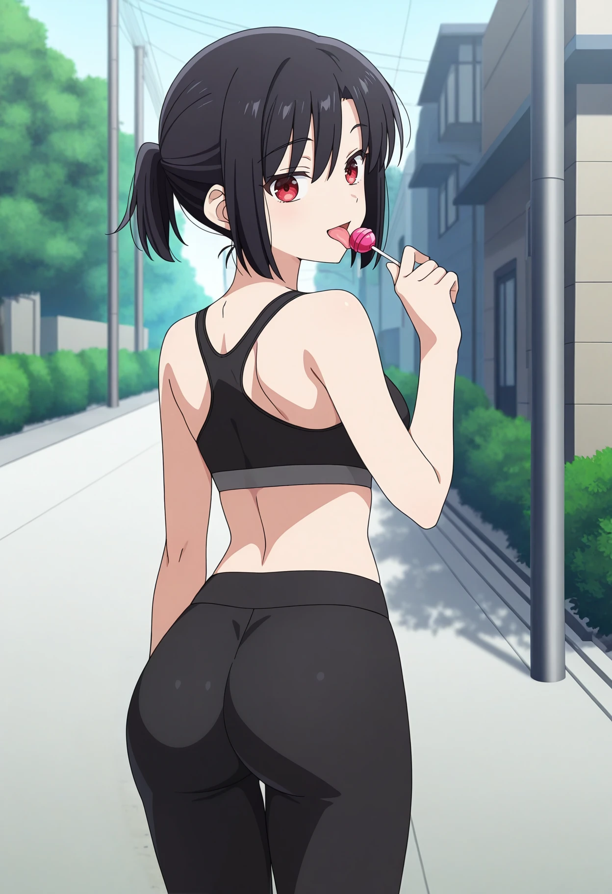 1girl, solo, black hair, short hair, red eyes,:d, looking at viewer, anime screencap,
short ponytail, from behind, ass, yoga pants, black pants, midriff, black sports bra, lollipop, licking, tongue out, looking back, outdoors, street,
,masterpiece,best quality,amazing quality,
<lora:iwashita_shima_meipaws:.9>